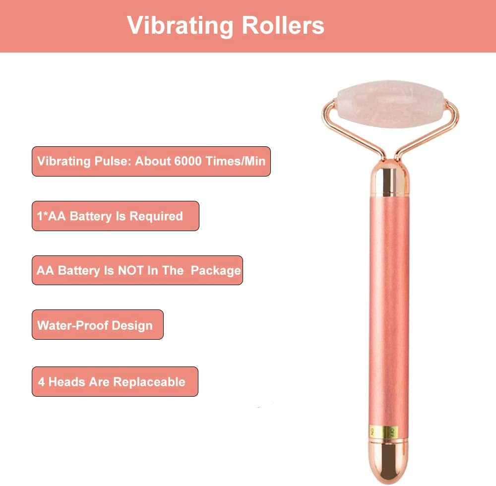 4 in 1 Rose Quartz Face Roller Jade Roller T Shape Beauty Bar 24K Golden Pulse Facial Massager 3D Roller Beauty Bar Facial Massager (Rose Gold)