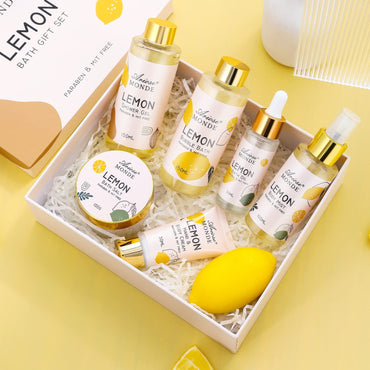 Birthday Gifts Set for Women, Bath Spa Gift Box Set with Shower Gel, Bubble Bath, Body Cream, Bath Soap, Bath Salt, Essential Oil, Bath and Body Gift Box for Women Lemon Scent