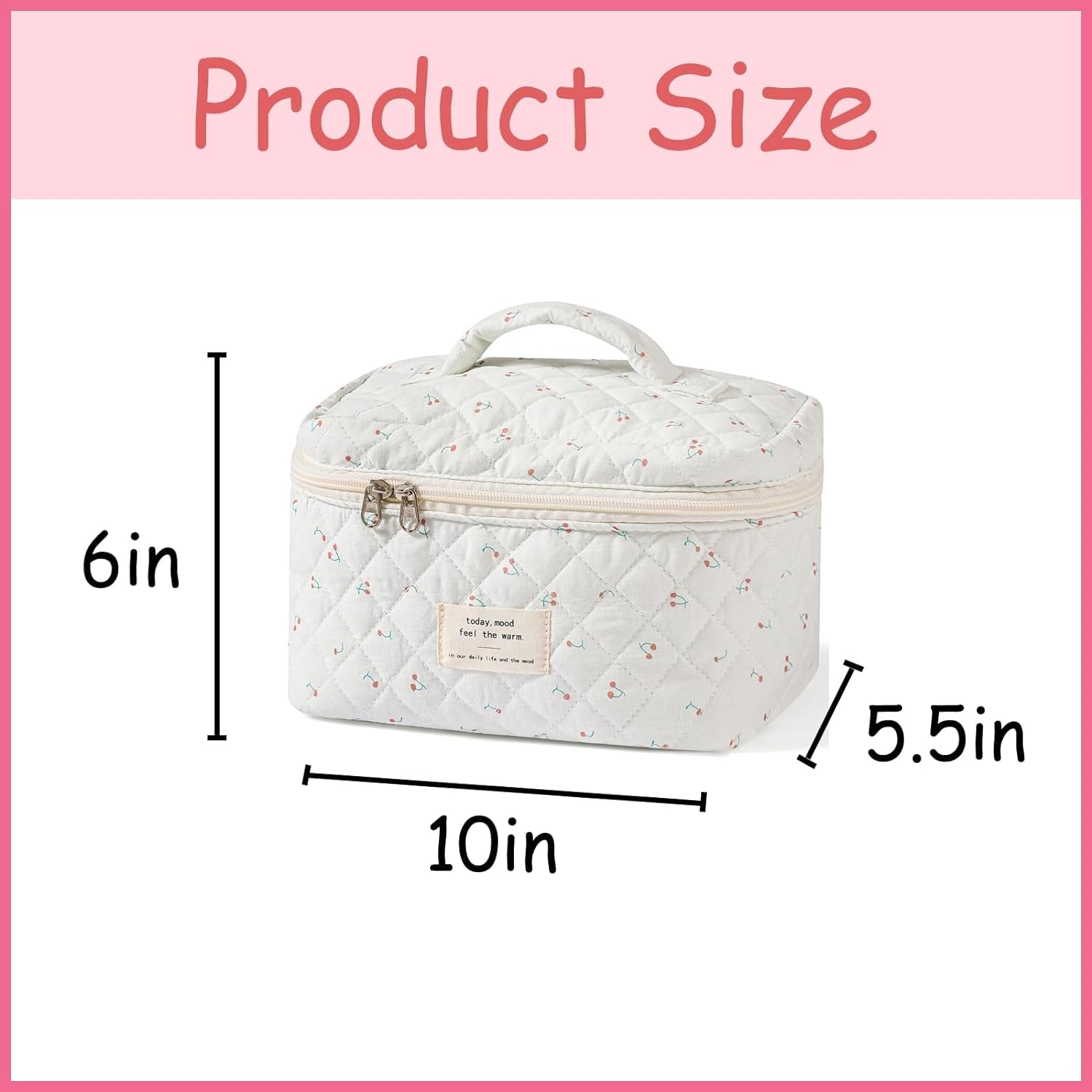 Large Travel Quilted Makeup Bag for Women, Floral Cotton Cosmetic Bag, Coquette Aesthetic Floral Toiletry Organizer Bag (White-Cherry)