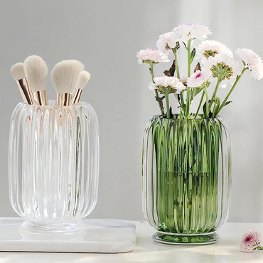 Makeup Brush Holder Organizer,Crystal Cosmetic Makeup Brush Glass Brushes Storage Holder, Vintage Make up Brush Cup Striped Vase(Green)