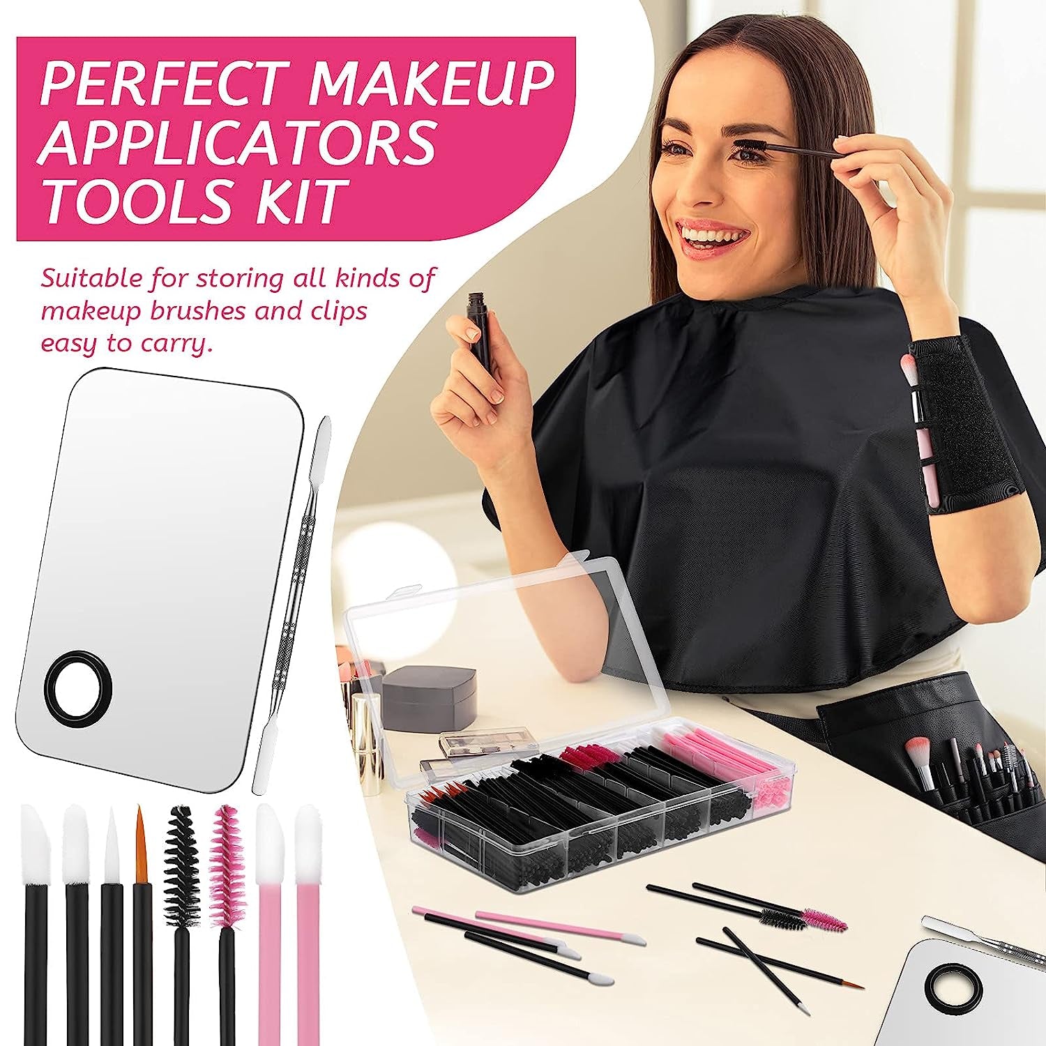268 Pieces Disposable Makeup Tools Kit, Includes Eyeliner Brushes Makeup Short Waterproof Cape Stainless Steel Palette Mascara Wands Lipstick Applicators Plastic Organizer Box Bag Armband Cleaner
