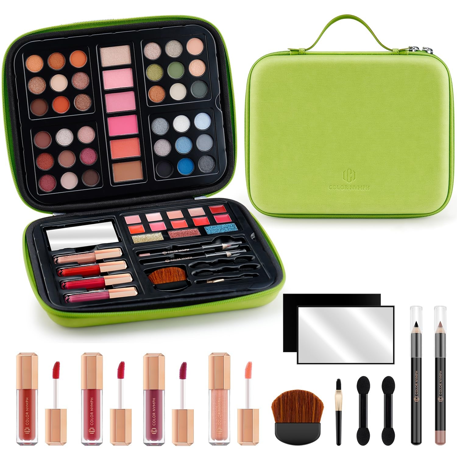 Beginner Makeup Kits for Teens with Reusable Handbag Included 36 Colors Eyeshadow Blushes Bronzer Highlighter 4 Colors Lipgloss 10 Colors Lip Oil Brushes Mirror(Green)