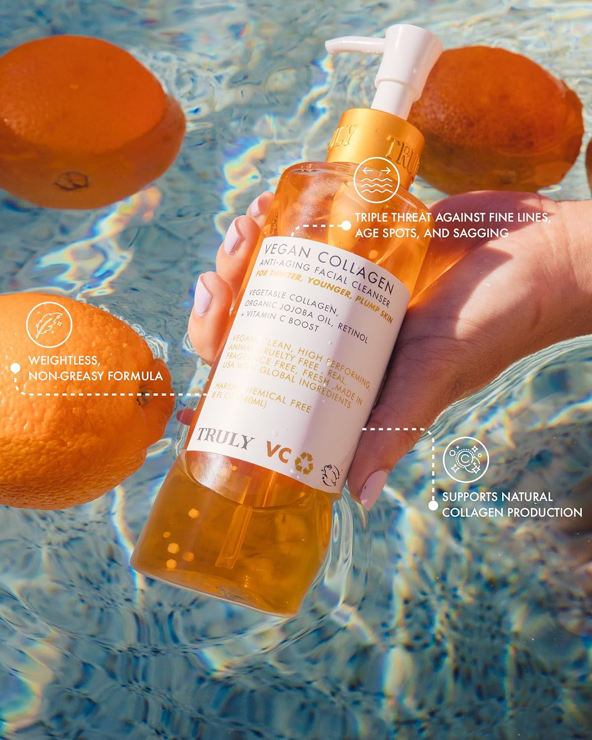 Beauty Vegan Collagen Anti-Aging Facial Cleanser with Retinol and Vitamin C - Removes Impurities and Refreshes the Skin - 8 Fl Oz.