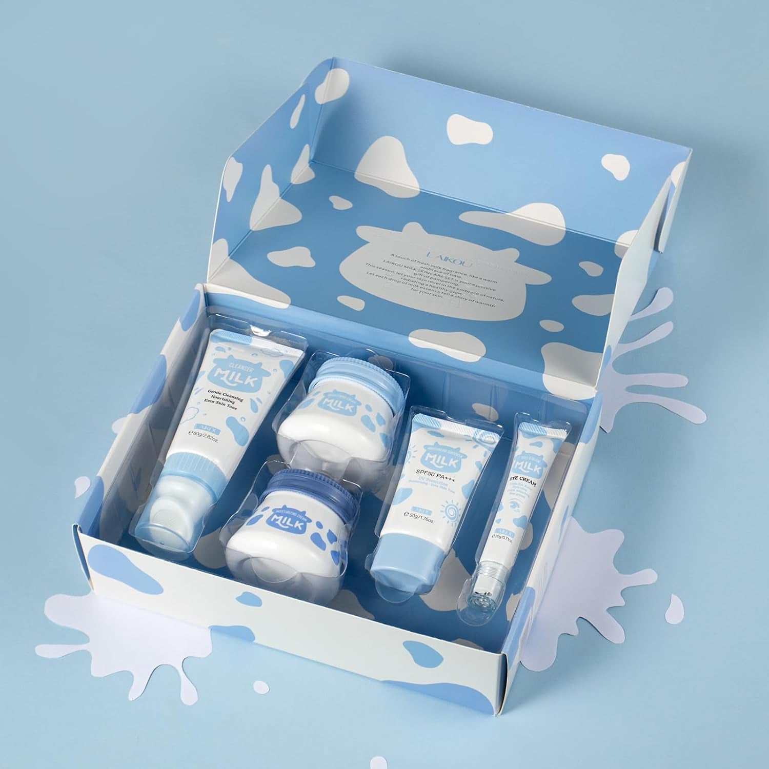 Skin Care Set Milk Beauty Gift Sets Skin Care Kit with Cleanser, Day Cream, Night Cream, Eye Cream, Sunscreen Lotion Travel Kit for Women Wife Mom Deep Hydrating Smoothing Tsa-Friendly Sizes 5Pcs