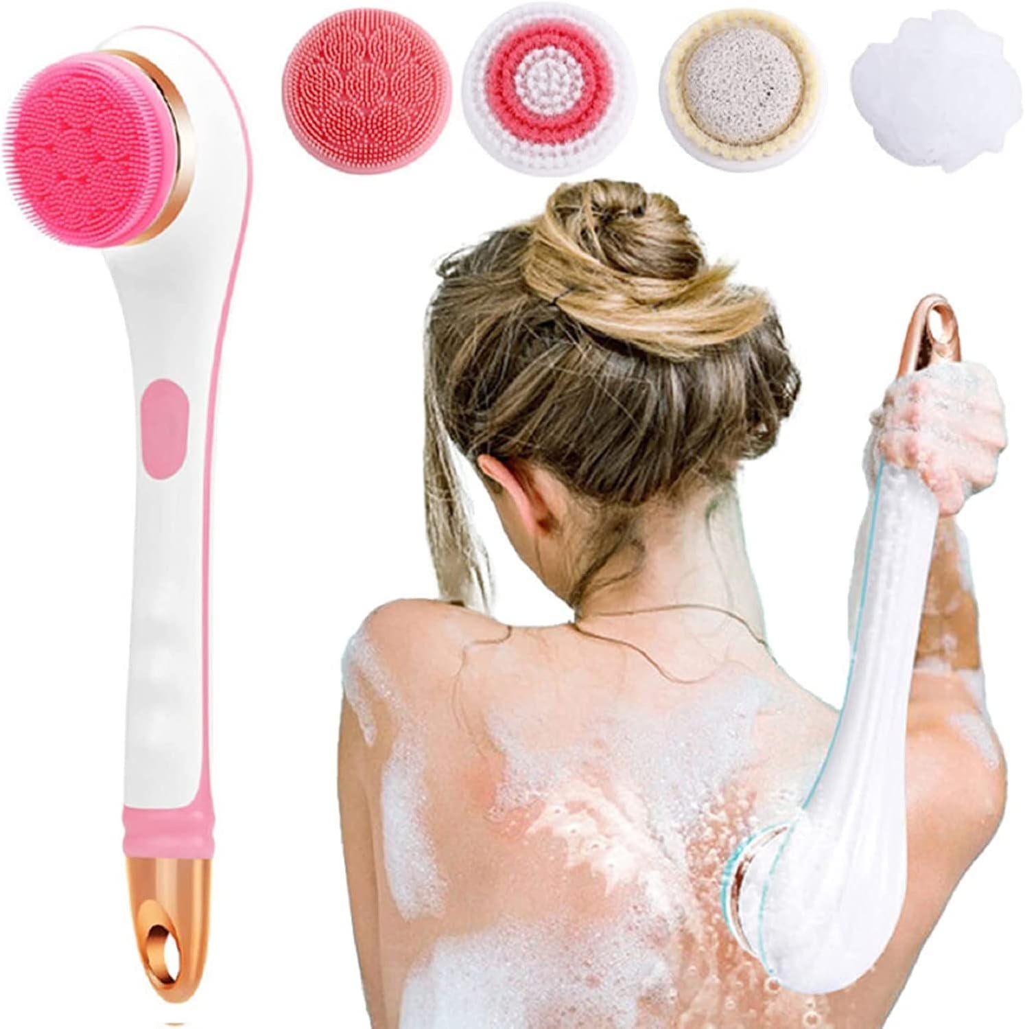 Body Brush Rechargeable, Electric Body Brush Set, Scrubber Shower Brush with Long Handle, Spin Skin Brush with 6 Brush Heads for Cleanse, Massage, Exfoliate and Pamper Your Skin in the Shower (Pink)