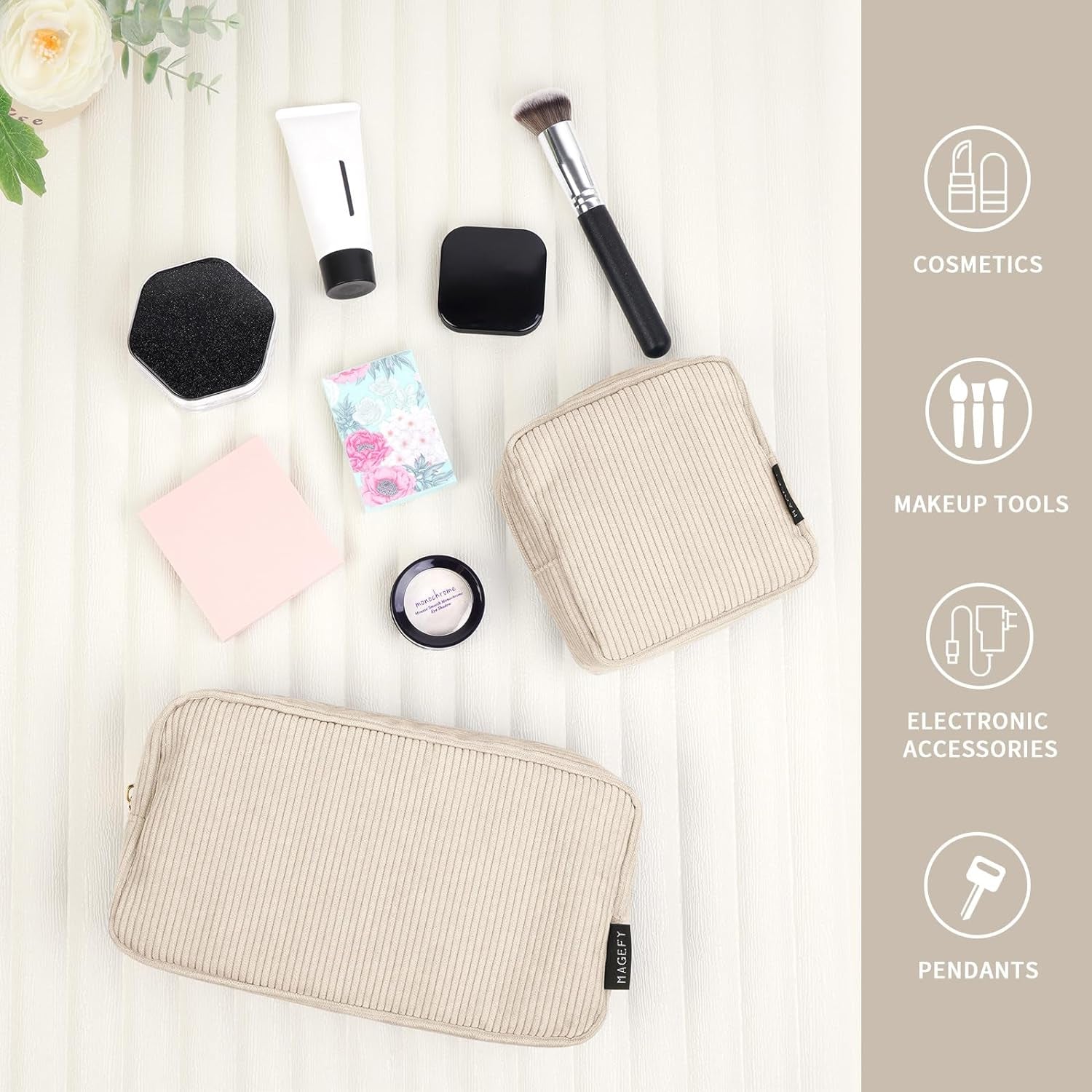 Makeup Bag for Purse, 2 Pcs Corduroy Cosmetic Bag for Girls Women Small Travel Makeup Pouch with Zipper(Beige)