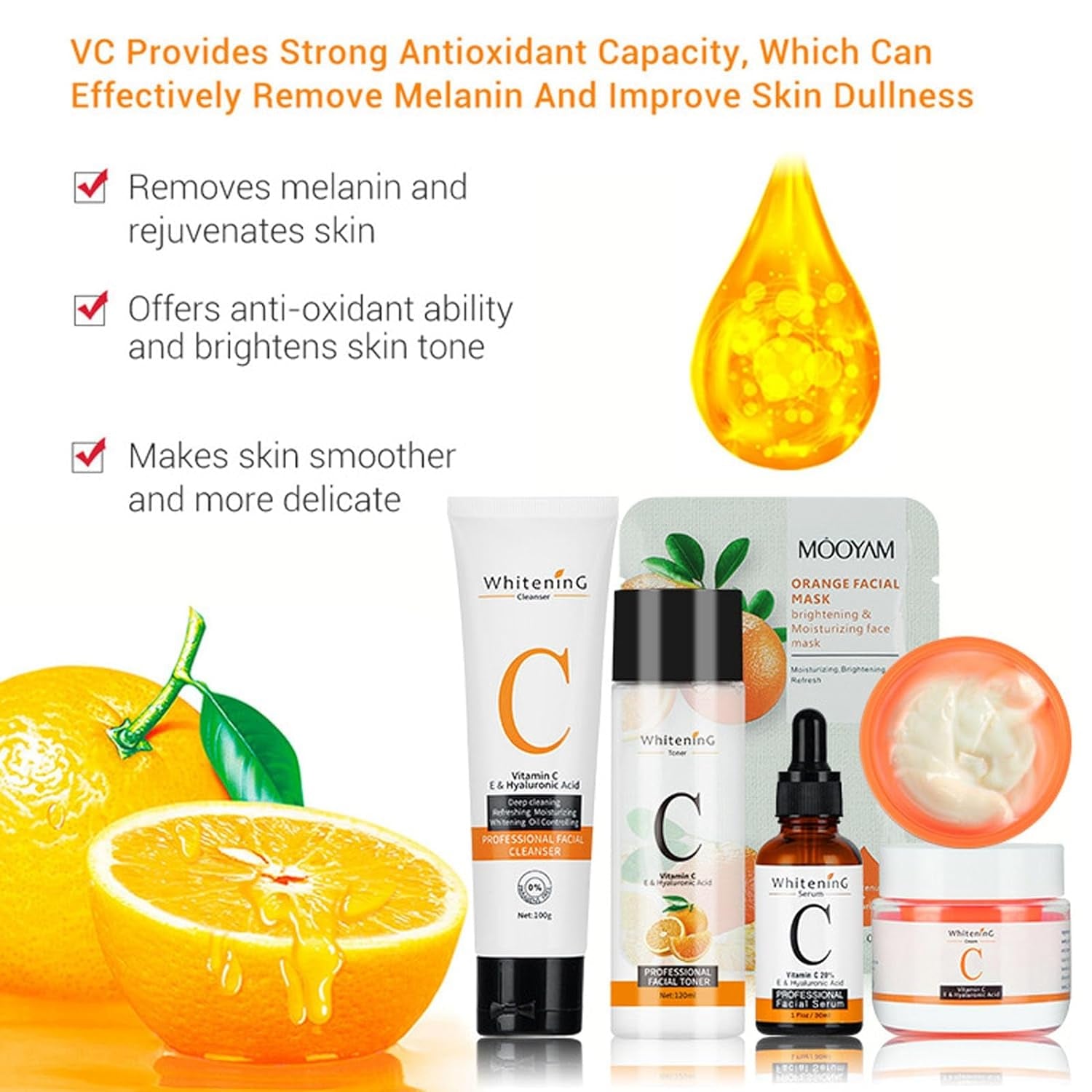 Vitamin C Complete Facial Care Kit, 5-In-1 Skincare Gift Set with Cleanser, Face Serum, Face Cream, Toner, Mask, Anti-Aging, Boosting Collagen & Hydrating for Women