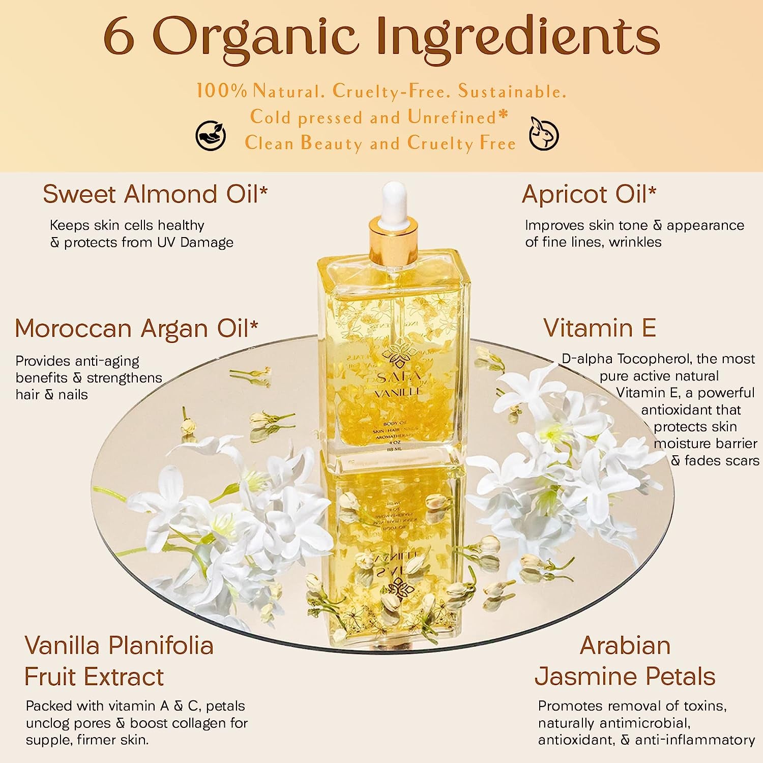 Vanillé Oil - Organic Oil for Face, Body, Hair, Nails & Aromatherapy | Vanilla Extract & Floating Arabian Sambac Jasmine Petals | Moisturizer for Men & Women