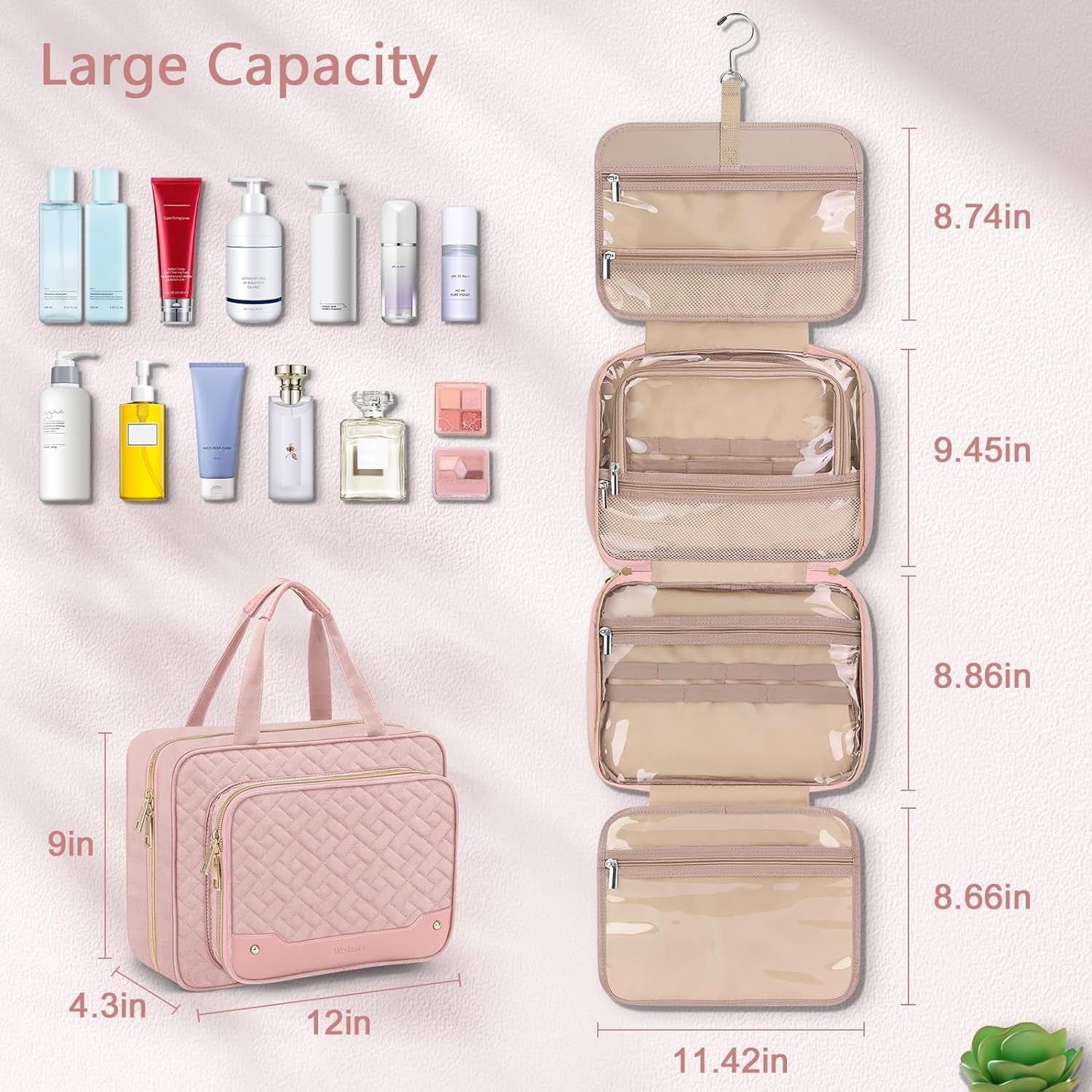Toiletry Bag for Women, Hanging Travel Toiletry Bag with Jewelry Organizer Compartment Large Makeup Bag, PVC Waterproof Cosmetic Travel Bag for Travel Business Trips Camping Bathroom, Pink