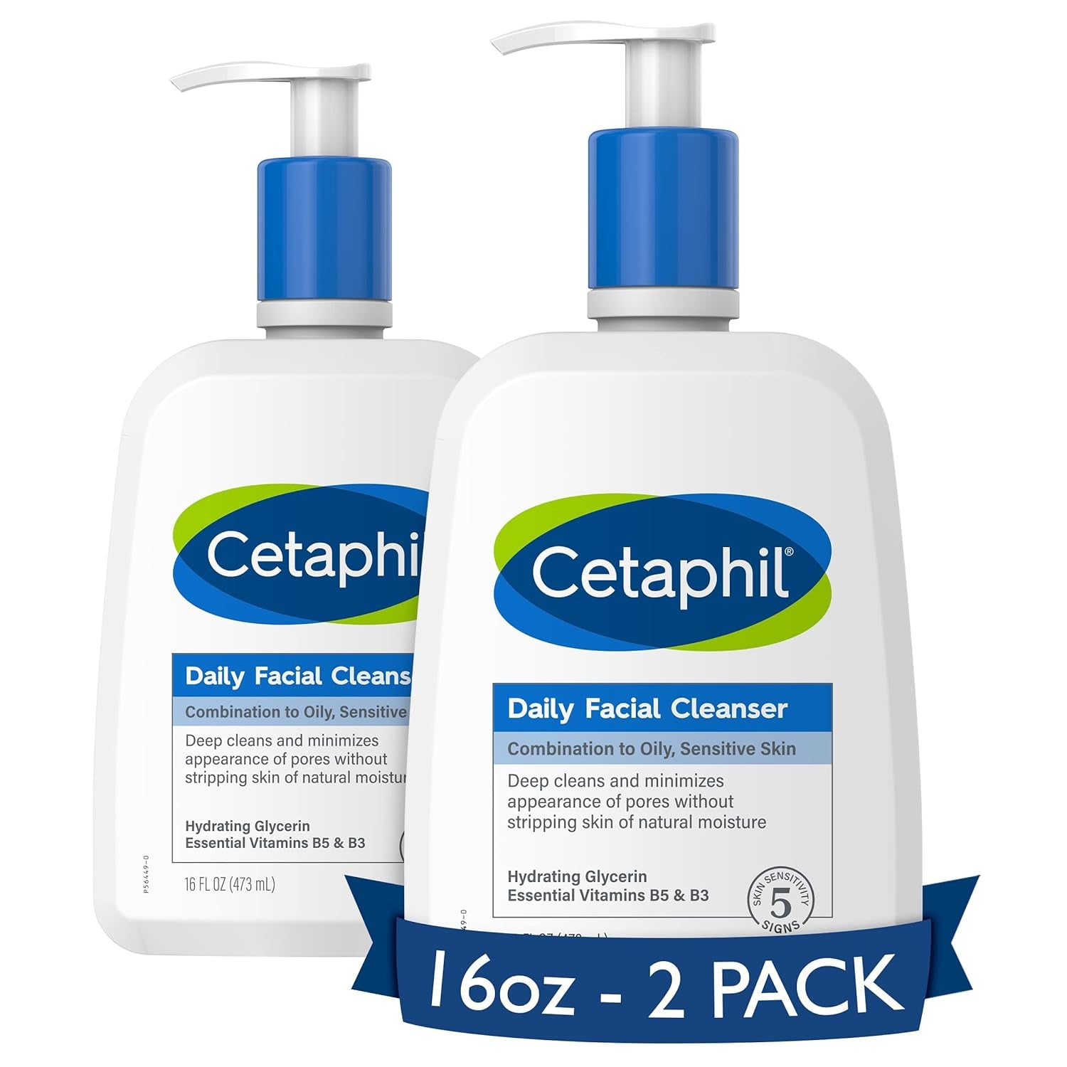 Face Wash, Daily Facial Cleanser for Sensitive, Combination to Oily Skin, NEW 16 Oz 2 Pack, Gentle Foaming, Soap Free, Hypoallergenic