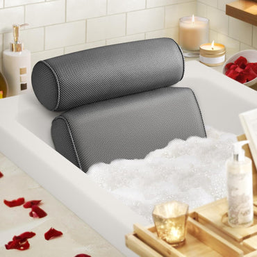 Bath Pillow Bathtub Pillow with 6 Non-Slip Suction Cups,14.6X12.6 Inch, Extra Thick and Soft Air Mesh Pillow for Bath - Fits All Bathtub, Grey