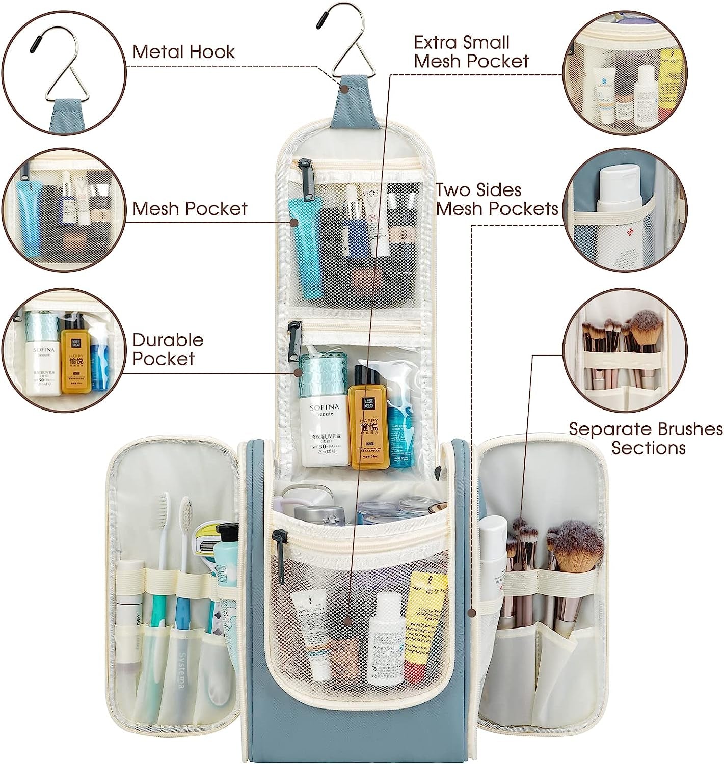 Hanging Travel Toiletry Bag Cosmetic Make up Organizer for Women and Men (Medium, Greyish Blue)