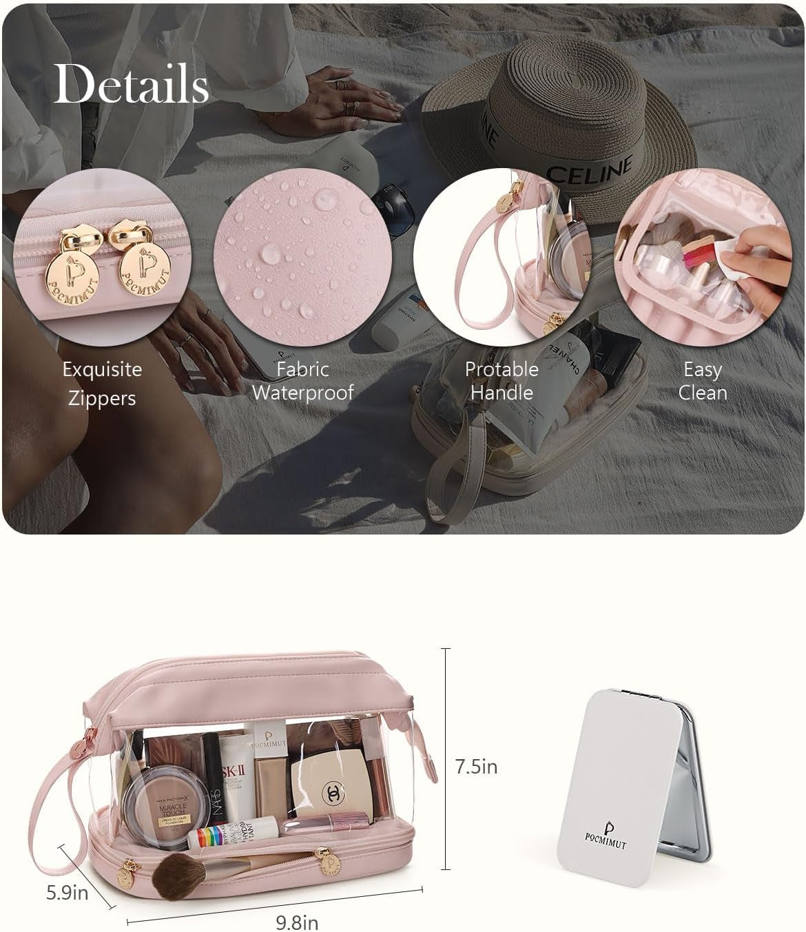Travel Makeup Bag - Clear Makeup Bags Double Layer Cosmetic Bag, Leather Travel Toiletry Bag for Women, Large Wide-Open Make up Brush Organizer Bag for Traveling Accessories Essentials (Pink)