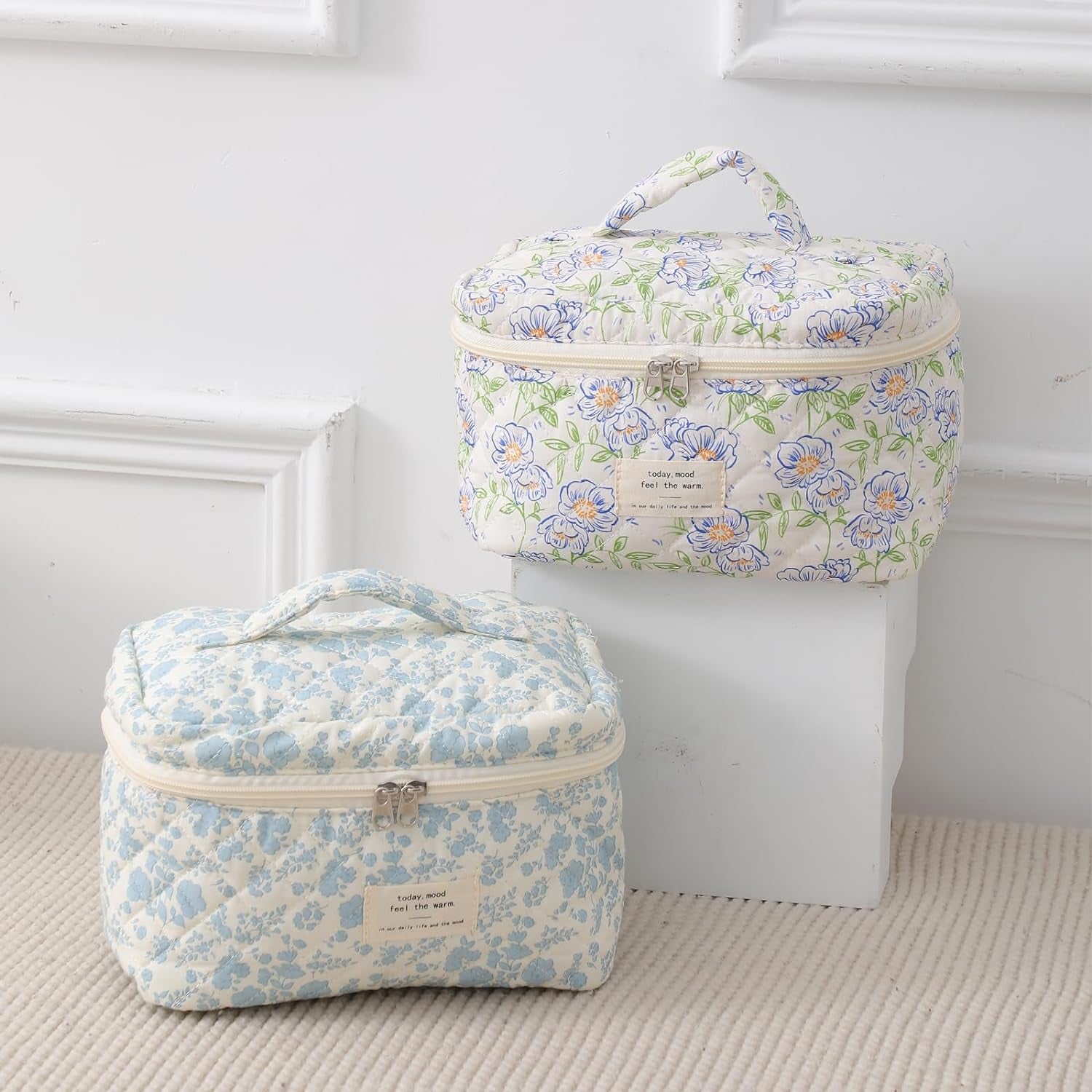 Large Travel Quilted Makeup Bag for Women, Floral Cotton Cosmetic Bag, Coquette Aesthetic Floral Toiletry Organizer Bag (White-Cherry)