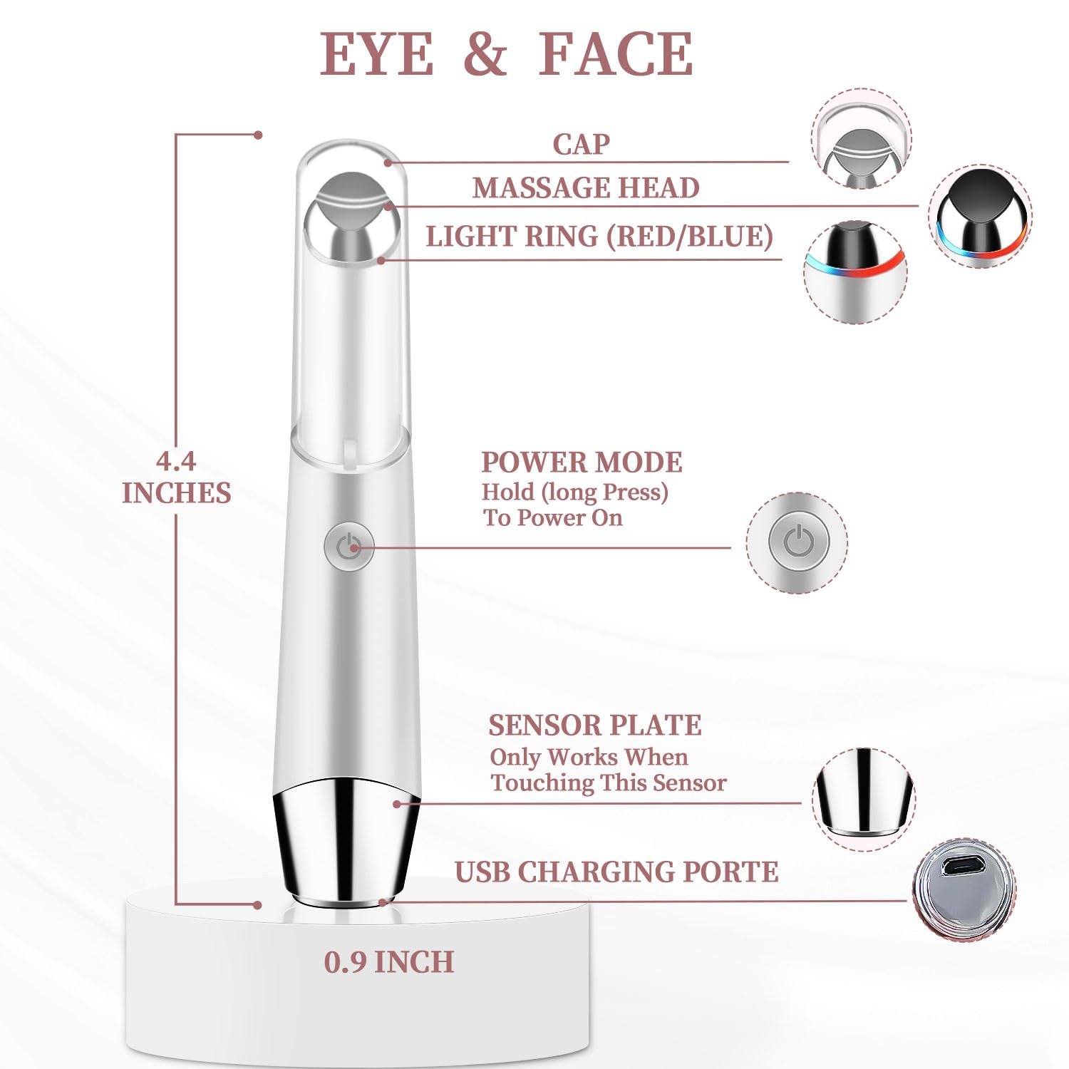 Eye & Face Massage Tool Wand Pen, Eye Lift Wand Heated Warm, Vibration, Firm Tone, Eye Fatigue, Eyes Dark Circles Eye Bags, Skin Care Tool for Eyes (White)