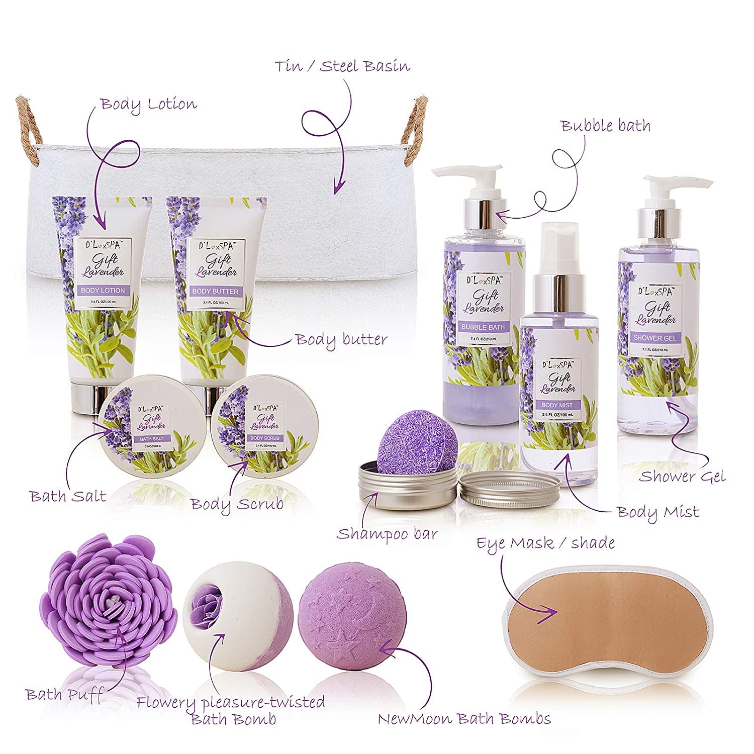 Spa Gift Baskets for Women Lavender Bath and Body at Home Spa Kit Mothers Day Spa Gifts Ideas - Luxury 15Pcs with Bath Bombs, Shampoo Bar, Eye Mask, Shower Gel, Bubble Bath, Salts, Body Scrub Lotion
