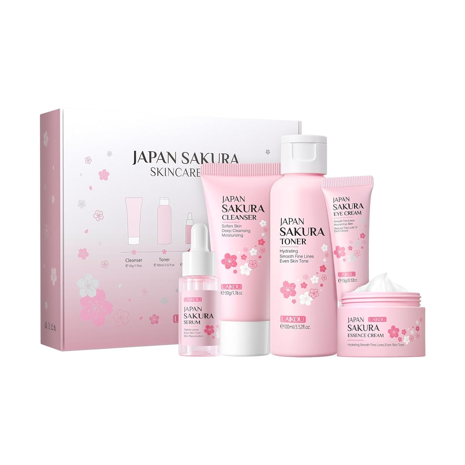 Skin Care Set JAPAN SAKURA Women Beauty Gift Sets Skin Care Kit with Cleanser, Toner, Serum, Eye Cream, Face Cream Travel Kit for Women Teen Girls Mom Daughter Birthday Tsa-Friendly Sizes 5Pcs
