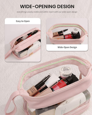 Travel Makeup Bag - Clear Makeup Bags Double Layer Cosmetic Bag, Leather Travel Toiletry Bag for Women, Large Wide-Open Make up Brush Organizer Bag for Traveling Accessories Essentials (Pink)