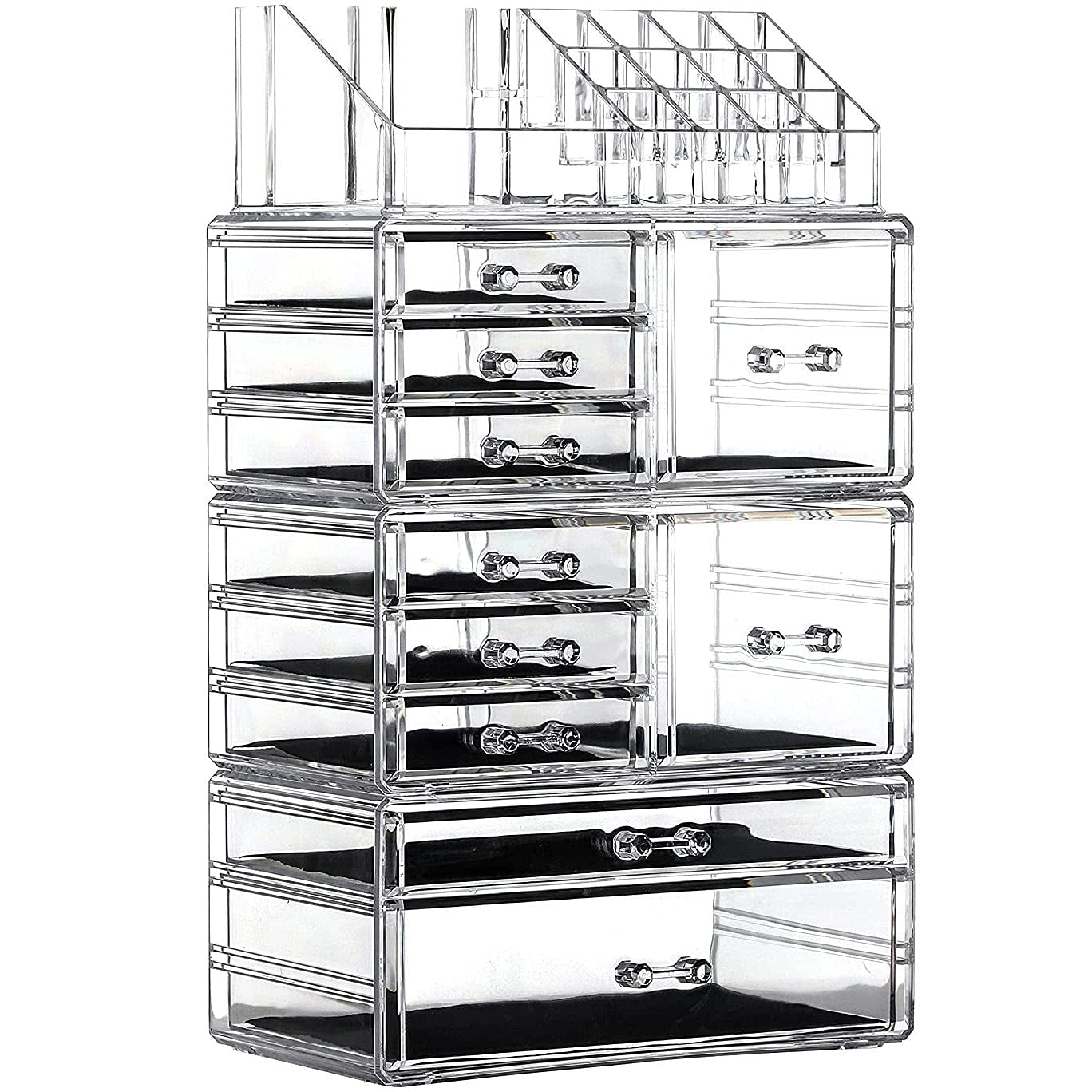 Makeup Organizer Skin Care Large Clear Cosmetic Display Cases Stackable Storage Box with 10 Drawers for Vanity,Set of 4