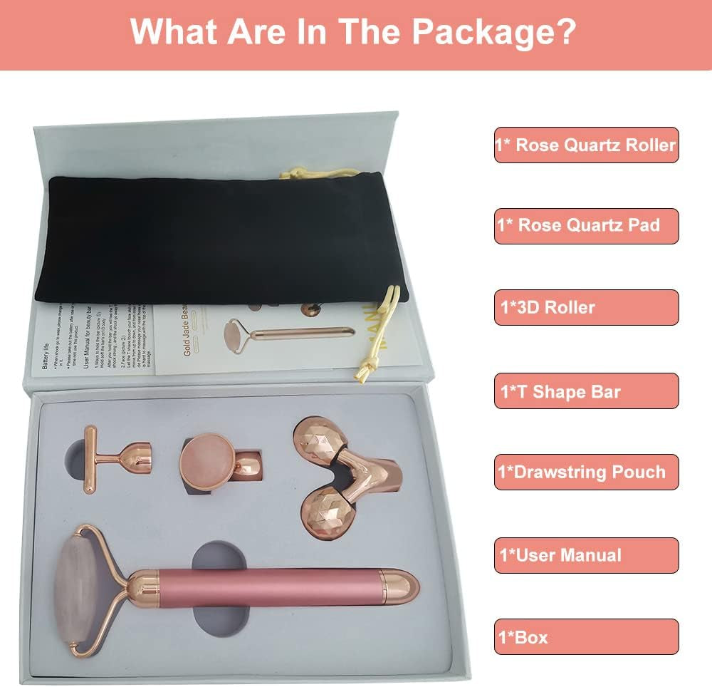 4 in 1 Rose Quartz Face Roller Jade Roller T Shape Beauty Bar 24K Golden Pulse Facial Massager 3D Roller Beauty Bar Facial Massager (Rose Gold)