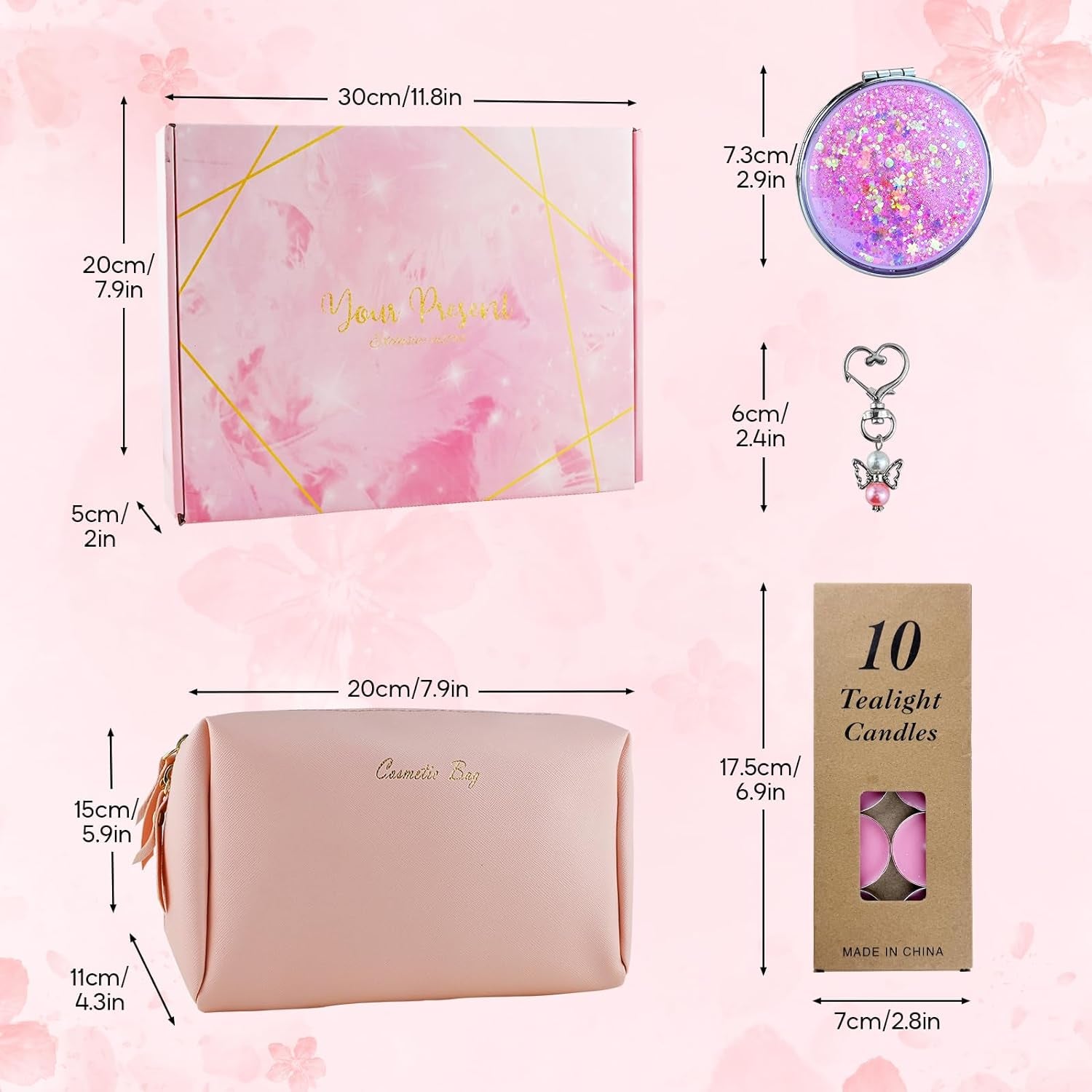 Set of 6 Pink Wedding Gift for Bride to My Best Friend Wedding Bridal Cosmetic Bag Diamond Compact Mirror Pink Raffia Gift Box