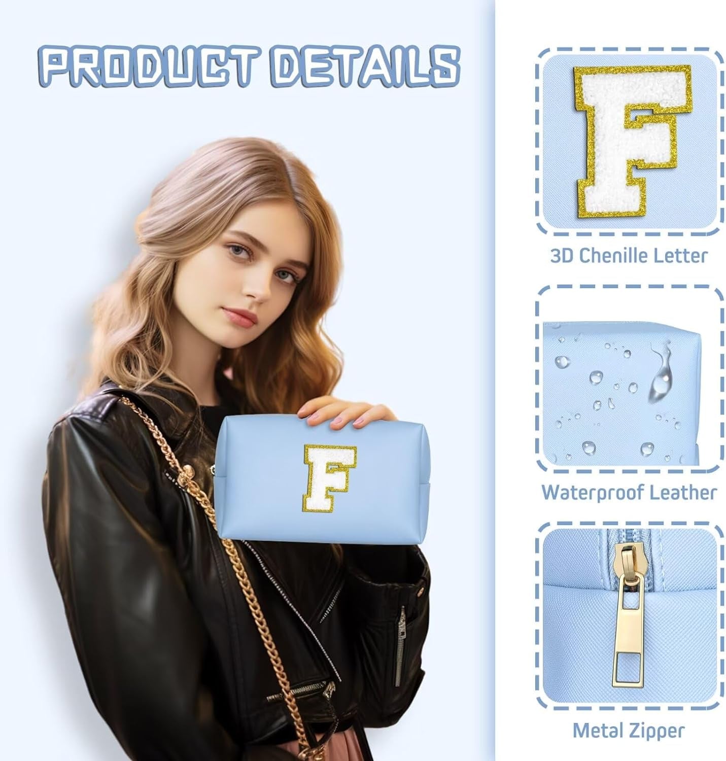 Preppy Makeup Bag, Personalized Initial Bags with Zipper, Cute Makeup Pouch, PU Leather Waterproof Cosmetic Bag, Birthday Gift for Daughter, Preppy Things for Teen Girls (Sky Blue A)