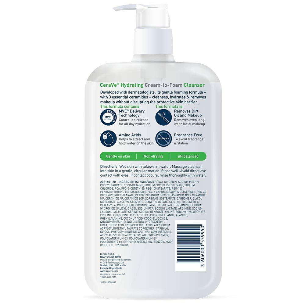 Hydrating Cream-To-Foam Cleanser | Hydrating Makeup Remover and Face Wash with Hyaluronic Acid | Fragrance Free Non-Comedogenic | 19 Fluid Ounce
