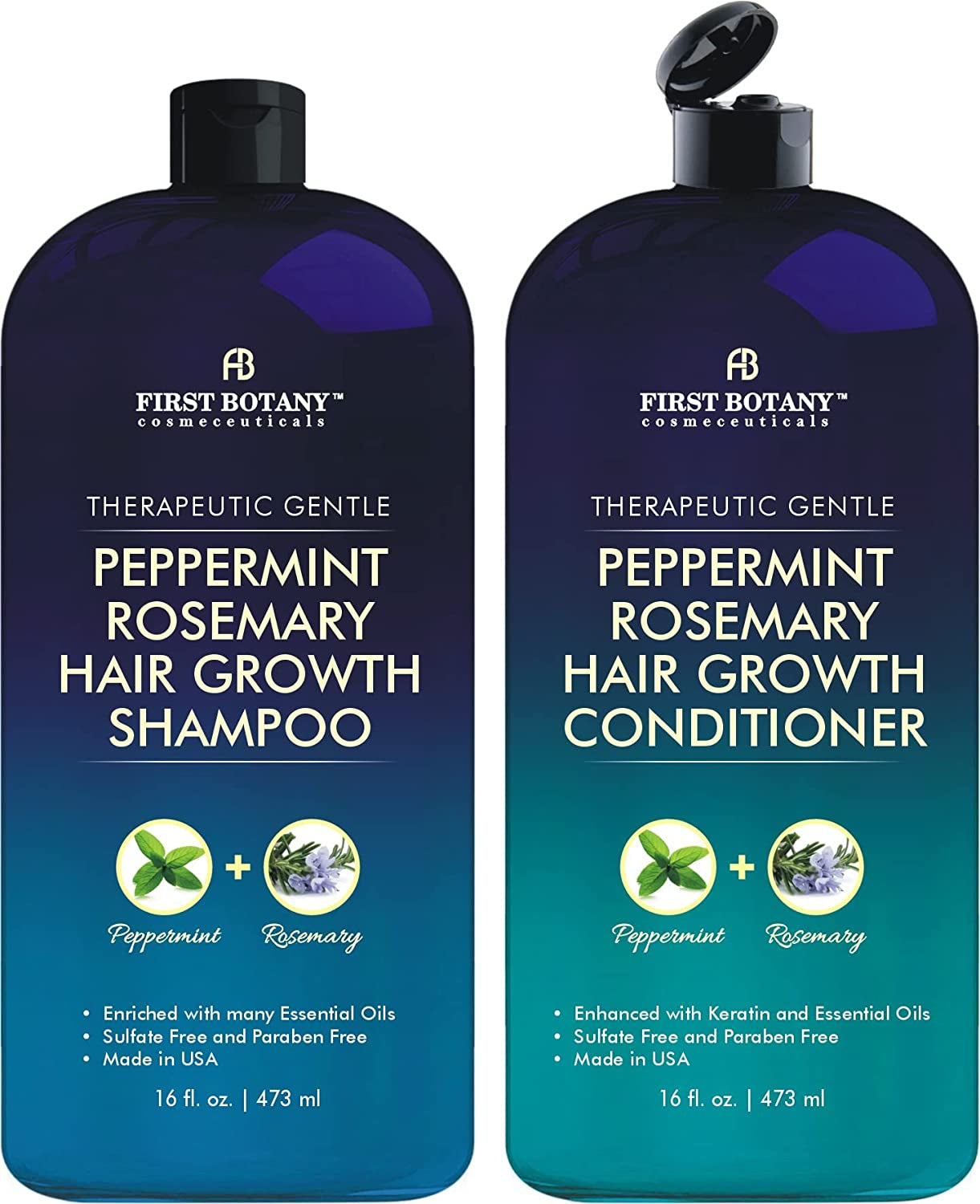 , Peppermint Rosemary Hair Regrowth and anti Hair Loss Shampoo and Conditioner Set - Daily Hydrating, Detoxifying, Volumizing Shampoo and Fights Dandruff for Men and Women 16 Fl Oz X 2