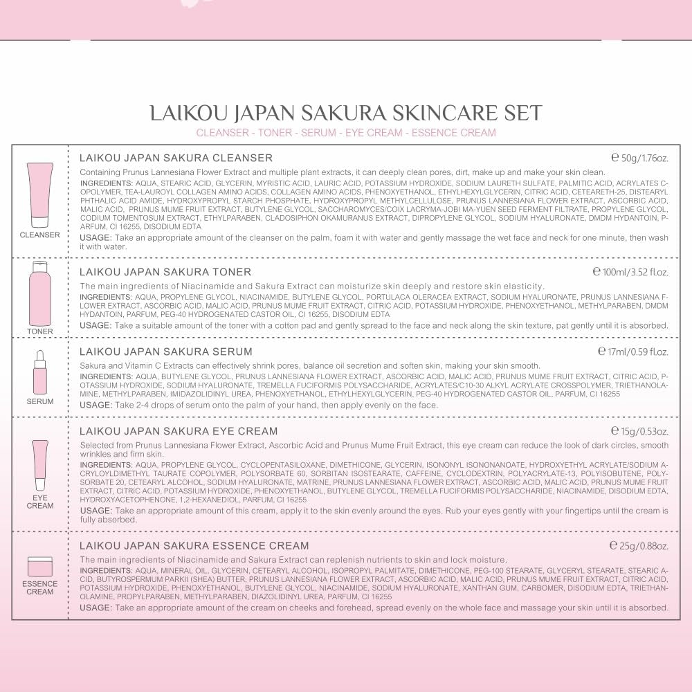 Skin Care Set JAPAN SAKURA Women Beauty Gift Sets Skin Care Kit with Cleanser, Toner, Serum, Eye Cream, Face Cream Travel Kit for Women Teen Girls Mom Daughter Birthday Tsa-Friendly Sizes 5Pcs