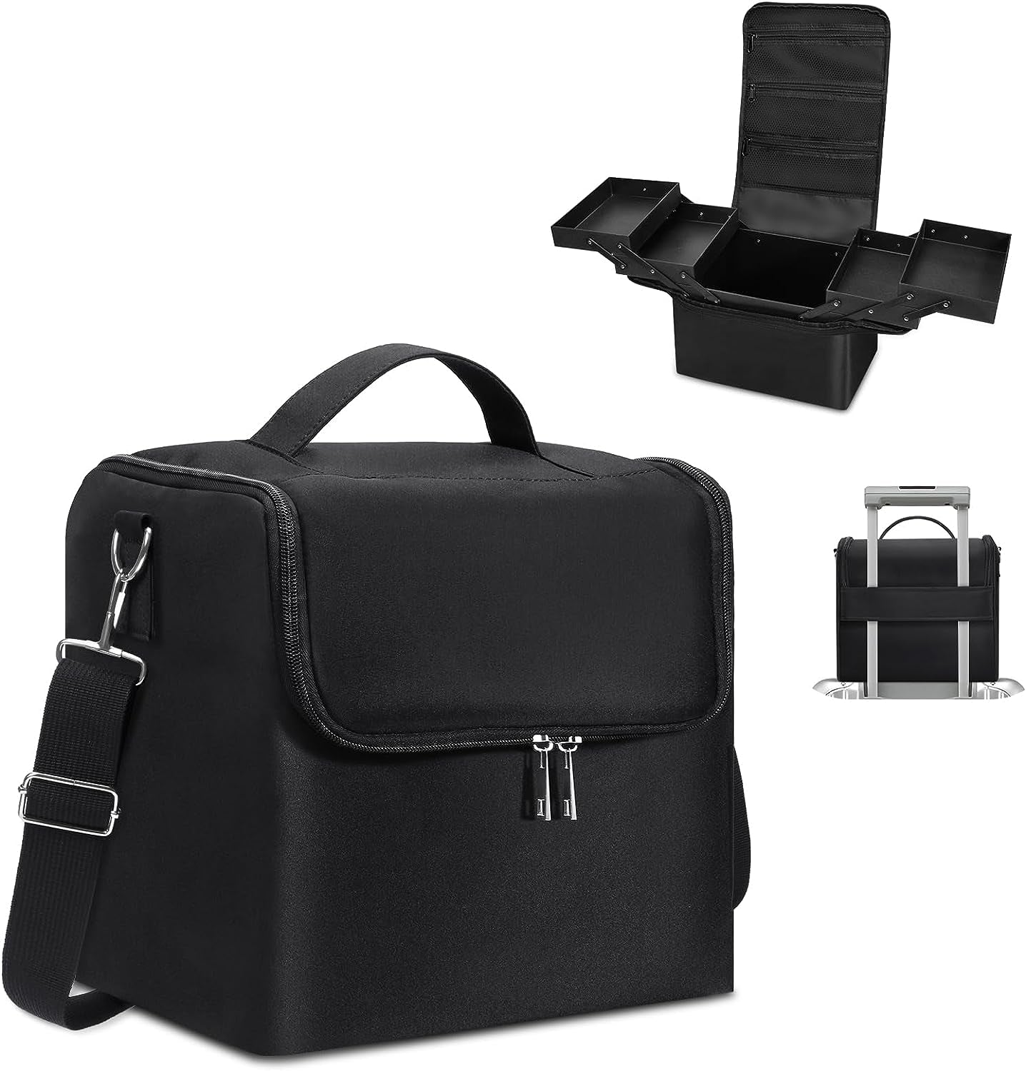 Large Makeup Carrying Train Case for Women, Black Travel Bag Storage Box,4 Tier Professional Nail Organizer Case with Adjustable Dividers for Nail Tools Jewelry Makeup Brushes