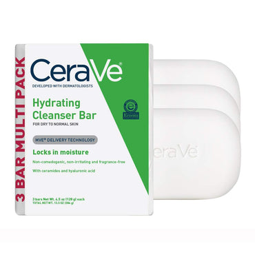 Hydrating Cleanser Bar | Soap-Free Body and Facial Cleanser with 5% Moisturizing Cream | Fragrance-Free |3-Pack, 4.5 Ounce Each