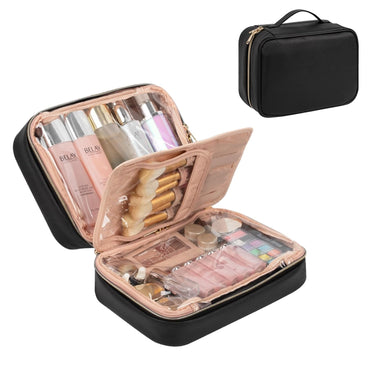Makeup Bag, Makeup Travel Bag Large Capacity Waterproof Cosmetic Organizer Bag with Makeup Brush Compartment & Handle for Women Girls Travel Toiletry Accessories-Black