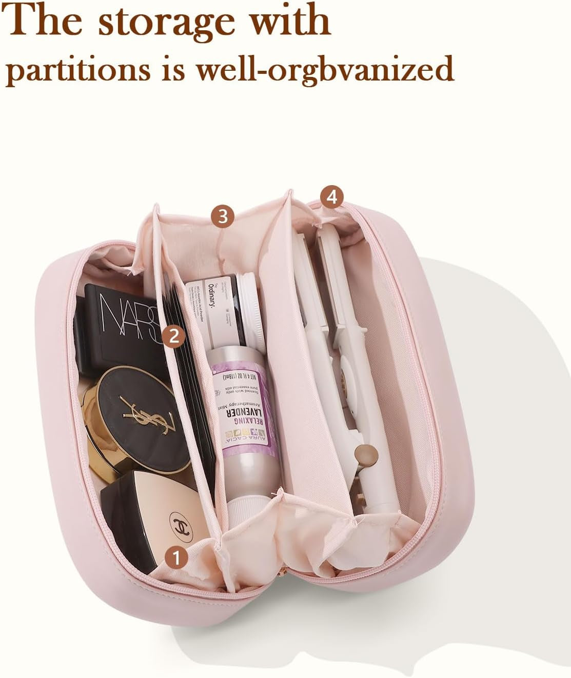 Makeup Bag,Pu Leather Travel Cosmetic Bag,Open Flat Makeup Pouch for Women Purse for Travel Accessories(Pink)