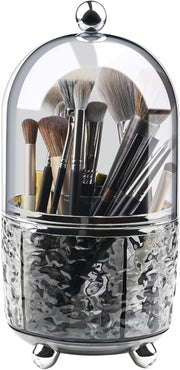 Makeup Brush Holder with Lid Cosmetic Tools Organizer 360 Rotating Make up Brushes Storage for Vanity, Waterproof & Dustproof (Greyish-Green)