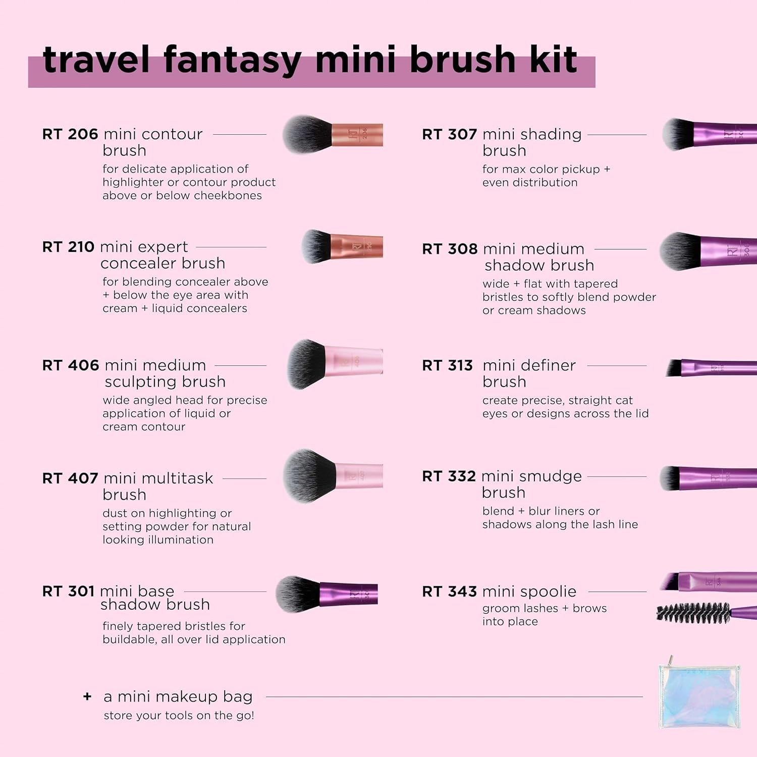 Real Technique Travel Fantasy Mini Brush Kit, Makeup Brushes for Eyeshadow, Highlight, Contour, Powder, & Concealer, Mini Sized Travel Brushes & Makeup Bag, Synthetic Bristles, 11 Piece Set