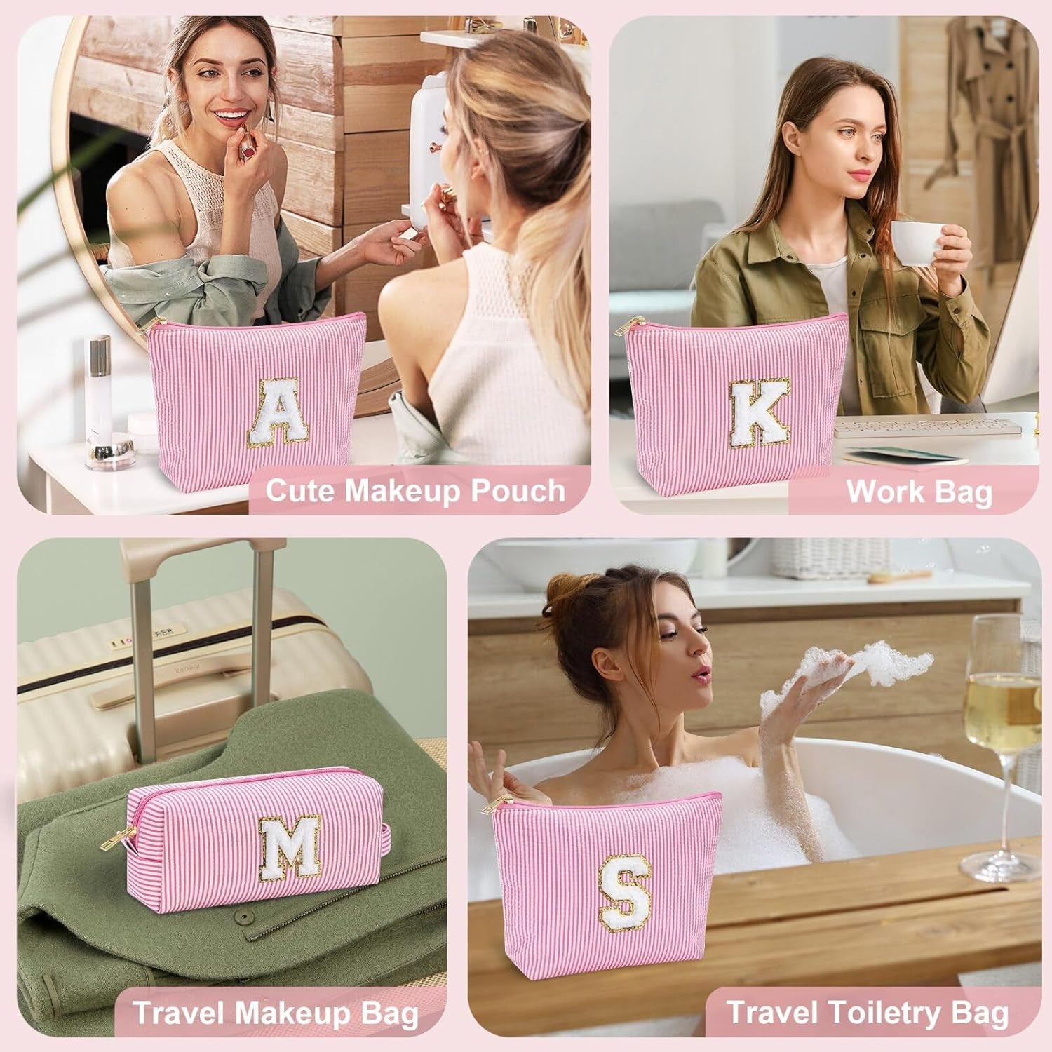 Cute Pink Initial Make up Bag Travelling, Personalized Makeup Bag with Zipper Cosmetic Makeup Pouch Travel Accessories Birthday Gift Friends Female Mom Teacher Sweet 16 Gifts Daughter Gifts W