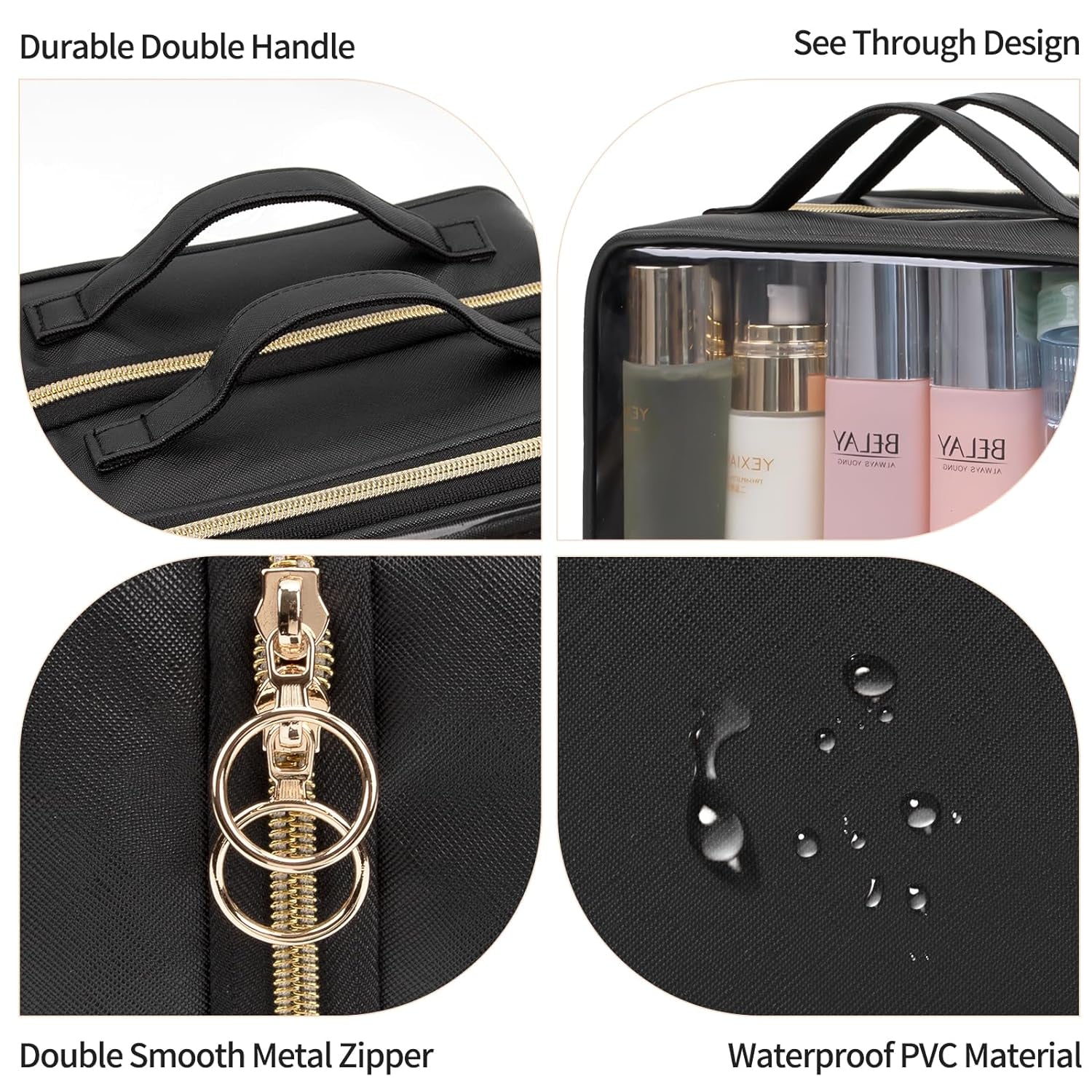 Makeup Bag, Double Layer Clear Make up Bag Organizer, Large Capacity Cosmetic Bag for Women Travel Beauty Essentials,Multiple Compartments Makeup Case Zipper Pouch -Clear