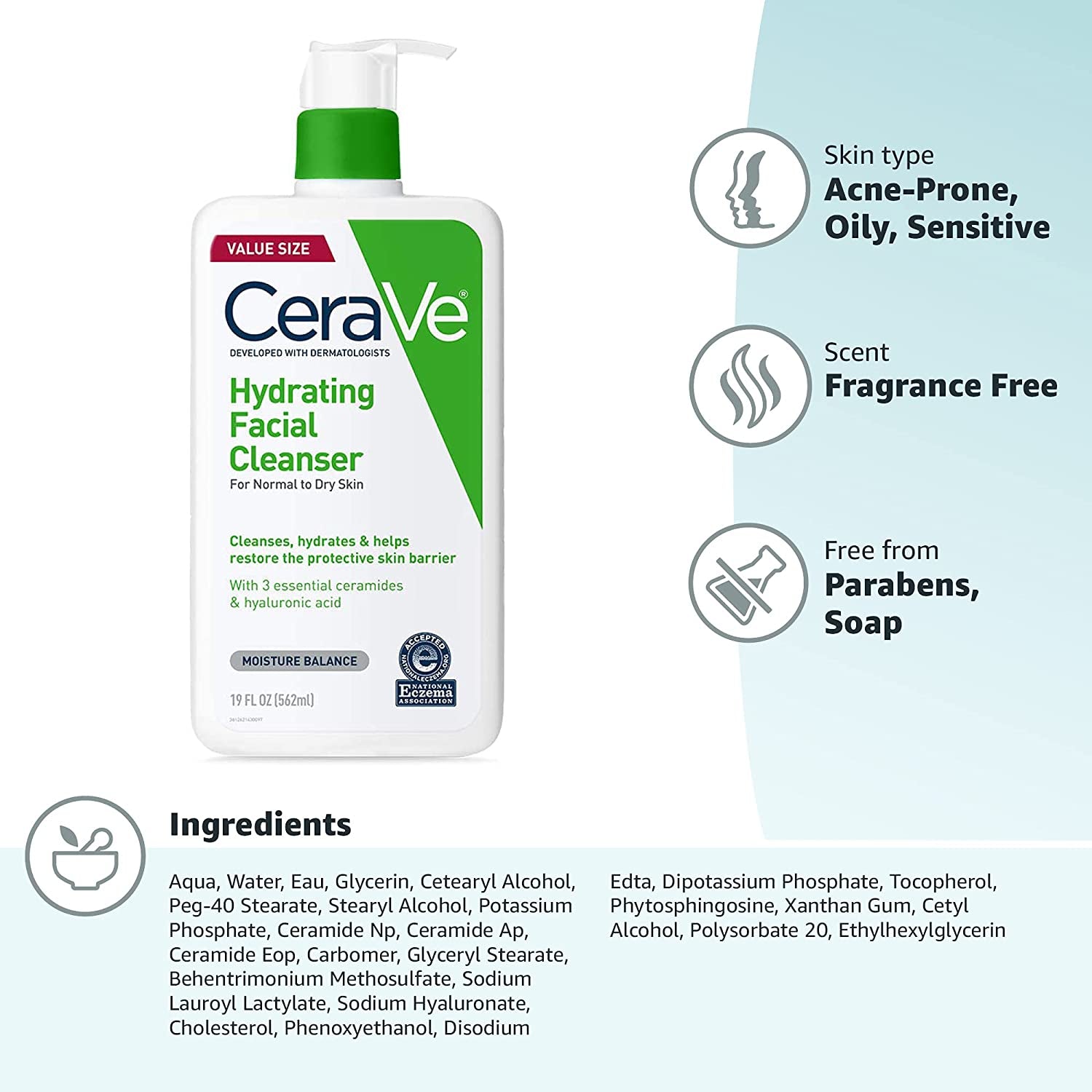 Hydrating Facial Cleanser | Moisturizing Non-Foaming Face Wash with Hyaluronic Acid, Ceramides and Glycerin | Fragrance Free Paraben Free | 19 Fluid Ounce