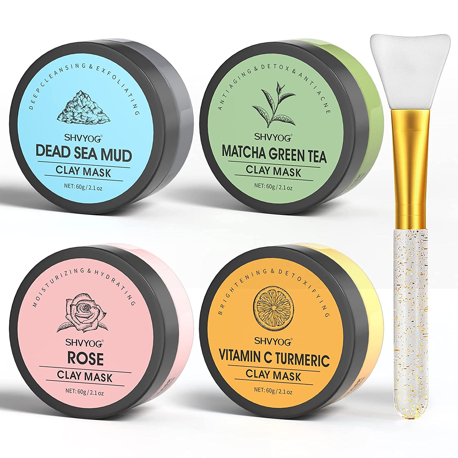 4 Pcs Clay Facial Mask Set - Turmeric, Vitamin C, Green Tea, Dead Sea Mud, and Rose Clay for Deep Cleansing, Moisturizing, and Refining Pores - 240G