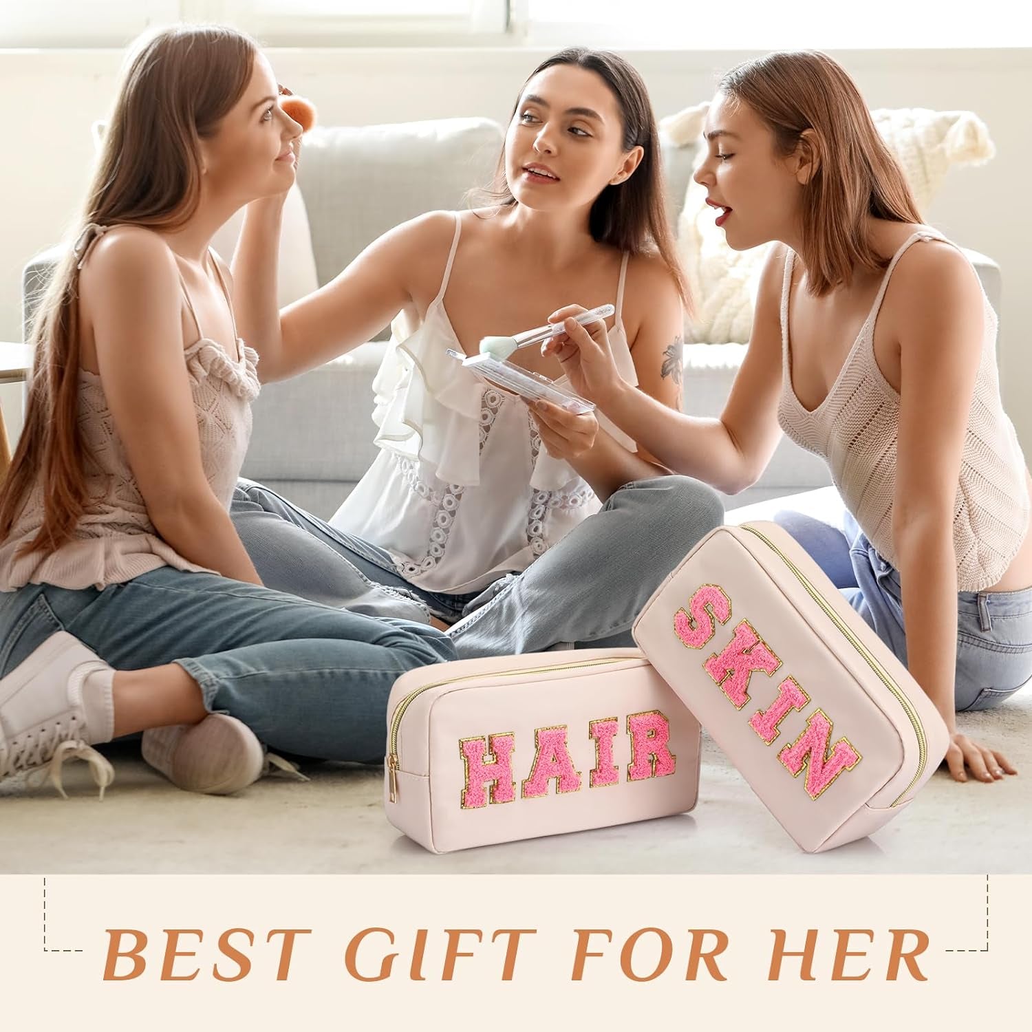 4 Pcs Nylon Cosmetic Bag Chenille Letter Cosmetic Pouch Zipper Preppy Waterproof Hair Bag with Patches Makeup Organizer Pouch for Women (Gentle White)