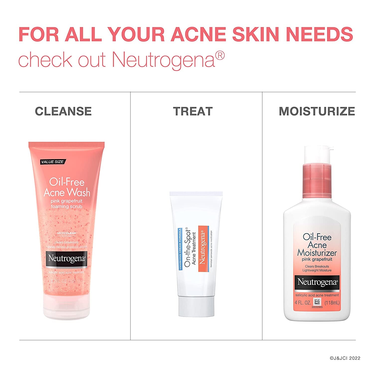 Oil Free Pink Grapefruit Acne Treatment Face Wash with Vitamin C, 2% Salicylic Acid, Gentle Foaming Facial Scrub to Treat & Prevent Breakouts, 6.7 Fl Oz, Pack of 3