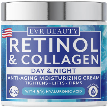 Retinol Cream for Face (4Oz) Best Facial Moisturizer for Aging Skin with Collagen and Hyaluronic Acid - Anti-Aging Face Cream for Women and Men - Day and Night - All Skin Types