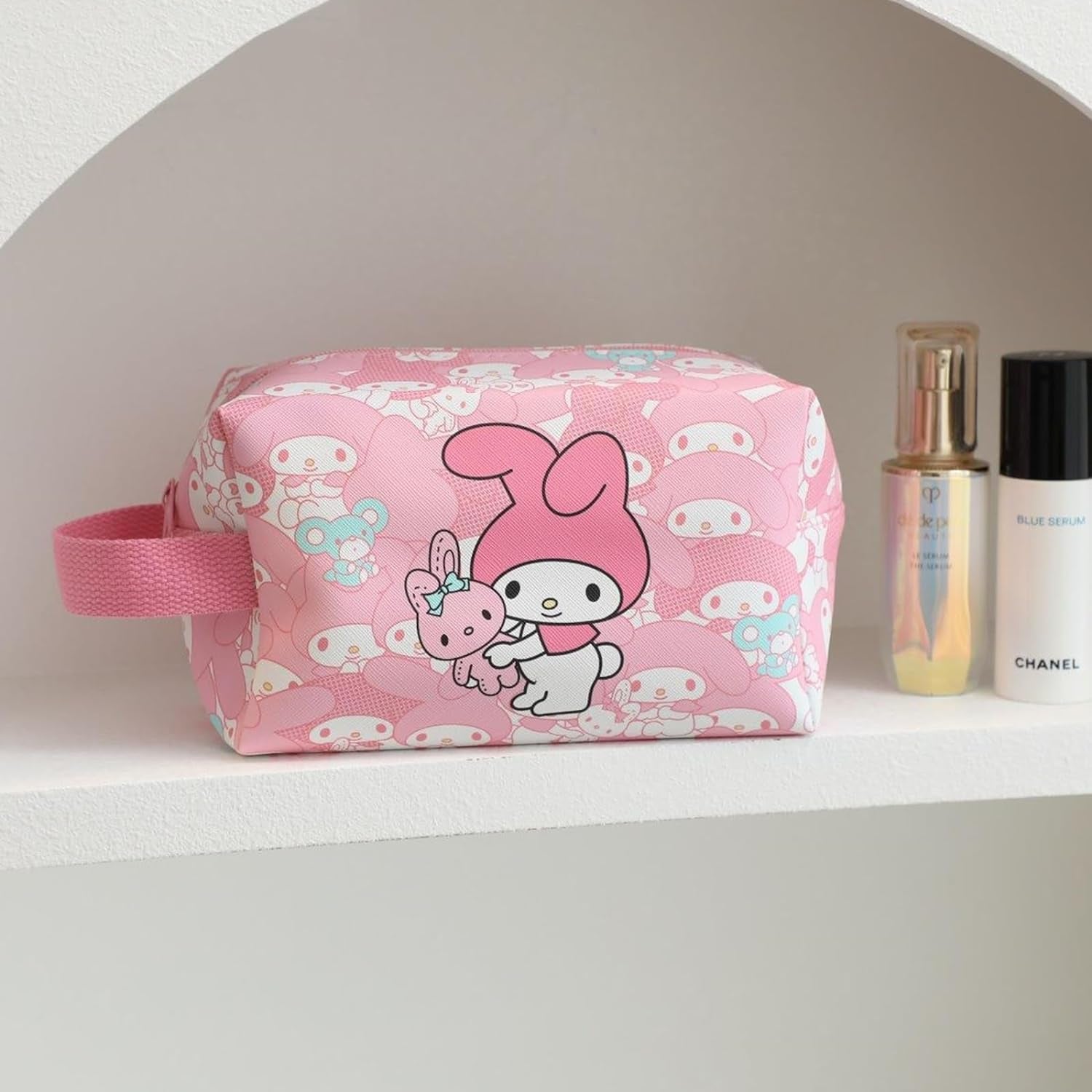 Kitty Travel Cosmetic Bag Cute Large Melody Cartoon Cosmetic Pouch Makeup Bag Foldable Storage Bags Anime Makeup Pouch with Mirror Travel Toiletry Bag Kawaii Accessories for Girls Women Pink