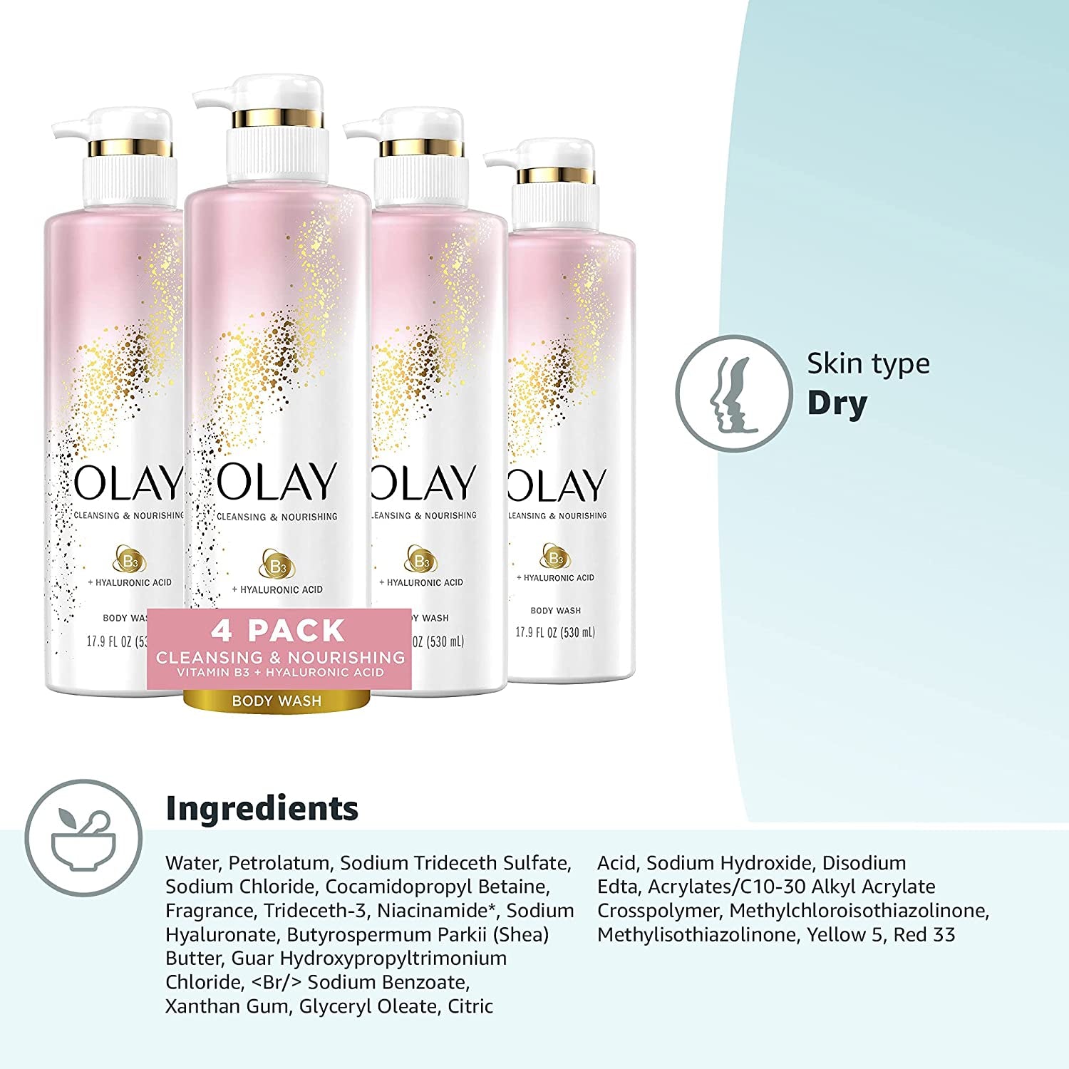 Body Wash Women Cleansing & Nourishing with Hyaluronic Acid & Vitamin B3, 20 Fl Oz (Pack of 4)