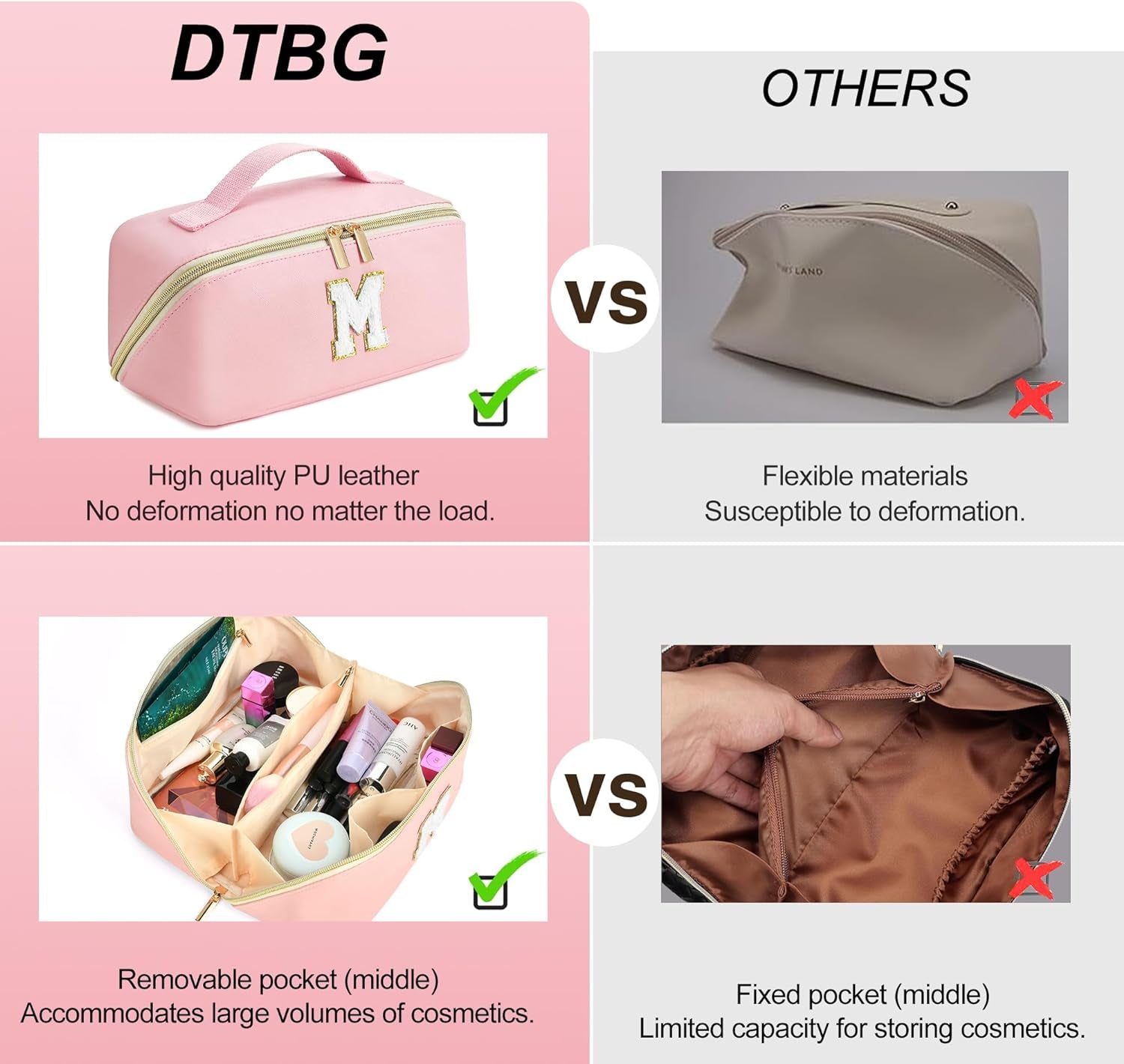 Initials Makeup Bag for Women, Birthday Gifts for Women Personalized Cosmetic Bag PU Leather Travel Toiletry Bag for Teen Girls, Waterproof Makeup Organizer Large Make up Bag Mom Gifts Pink, K