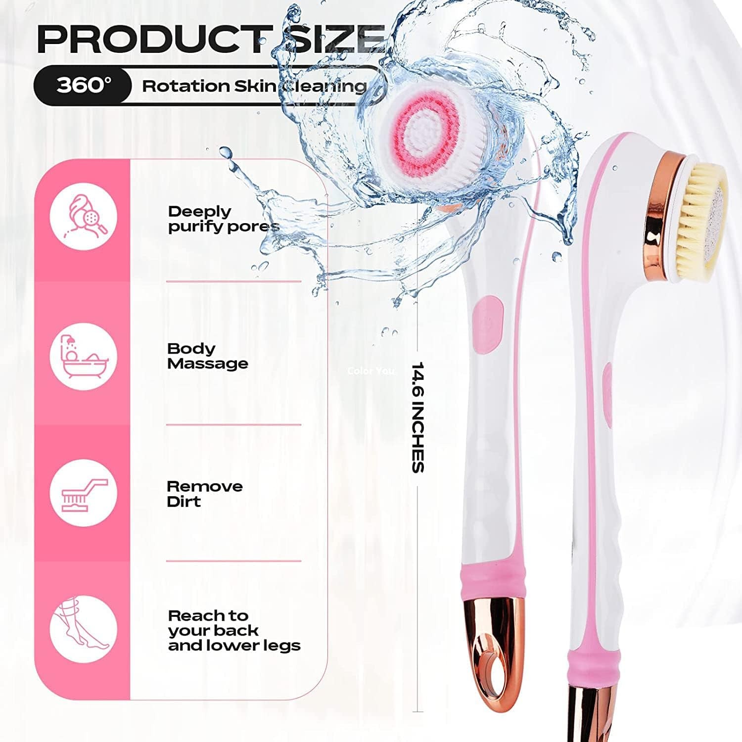 Body Brush Rechargeable, Electric Body Brush Set, Scrubber Shower Brush with Long Handle, Spin Skin Brush with 6 Brush Heads for Cleanse, Massage, Exfoliate and Pamper Your Skin in the Shower (Pink)