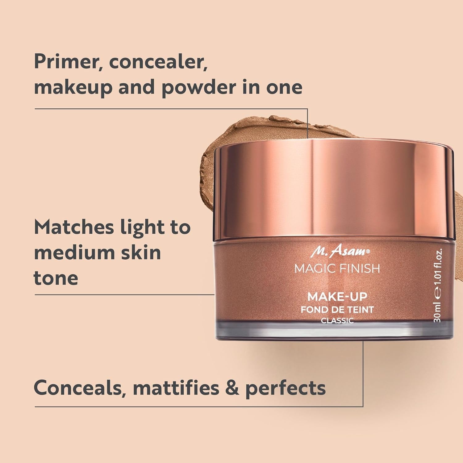 Magic Finish Make-Up Mousse (1.01 Fl Oz) – 4In1 Primer, Foundation, Concealer & Powder with Buildable Coverage, Hides Redness and Dark Spots, Vegan, for Light to Medium Skin Tones