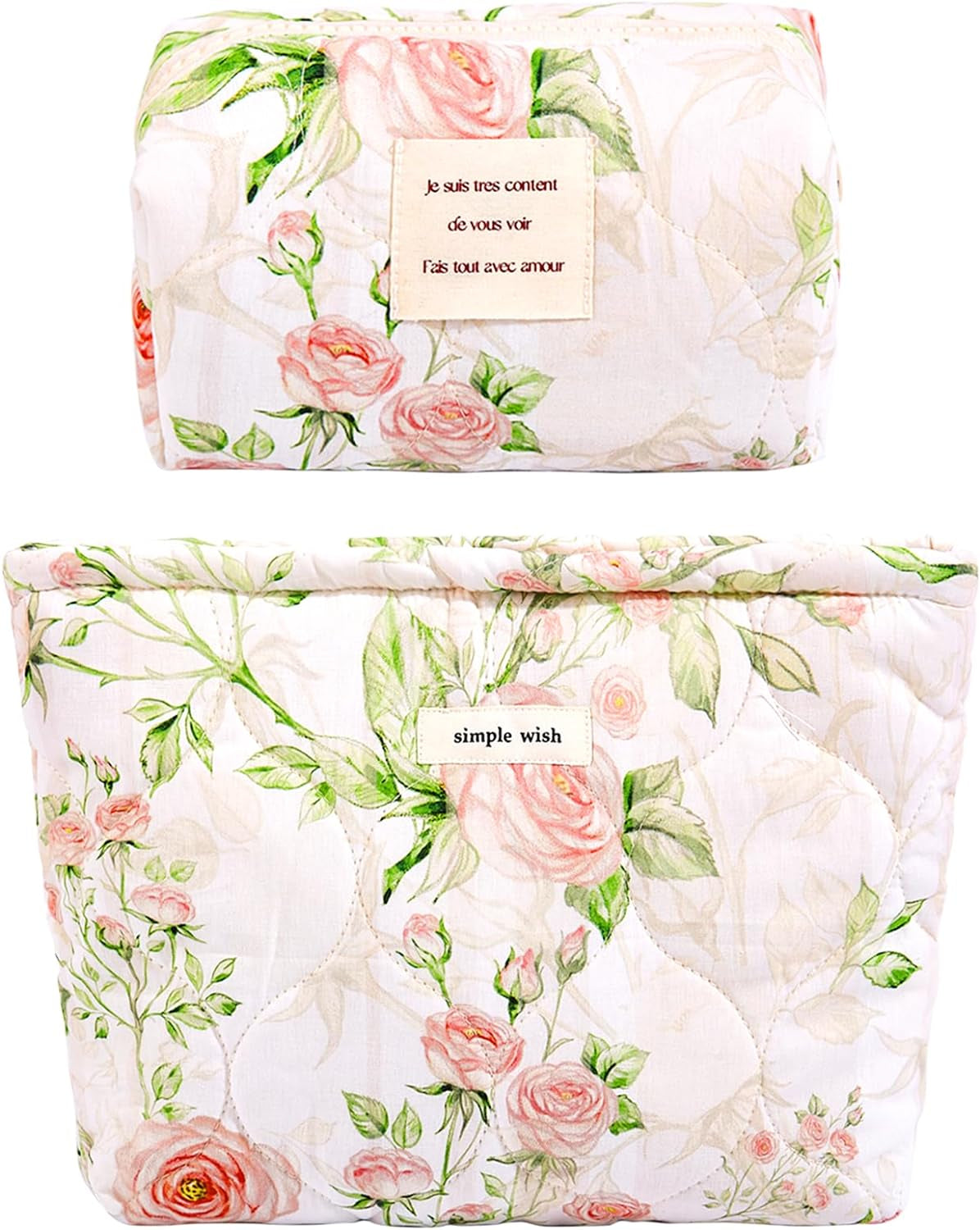 2 Pcs Floral Makeup Bag Large Travel Cotton Quilted Cosmetic Makeup Bag Organizer, Cute Coquette Aesthetic Zipper Portable Pouch Purse Storage Toiletry Bag for Women Girls Accessories