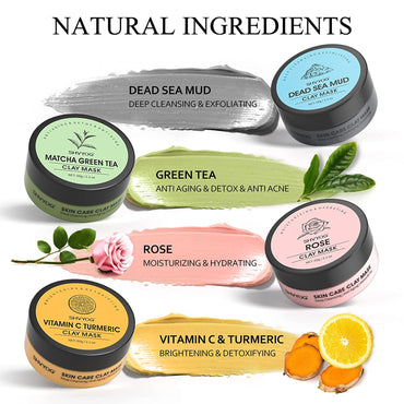 4 Pcs Clay Facial Mask Set - Turmeric, Vitamin C, Green Tea, Dead Sea Mud, and Rose Clay for Deep Cleansing, Moisturizing, and Refining Pores - 240G