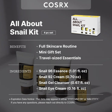 All about Snail Korean Skincare | TSA Approved Travel Size, Gift Set with Face Gel Cleanser, Essence, Cream & Eye-Cream, Repairing, Recovering, Rejuvenating Kit with Snail Mucin, Korean Skincare